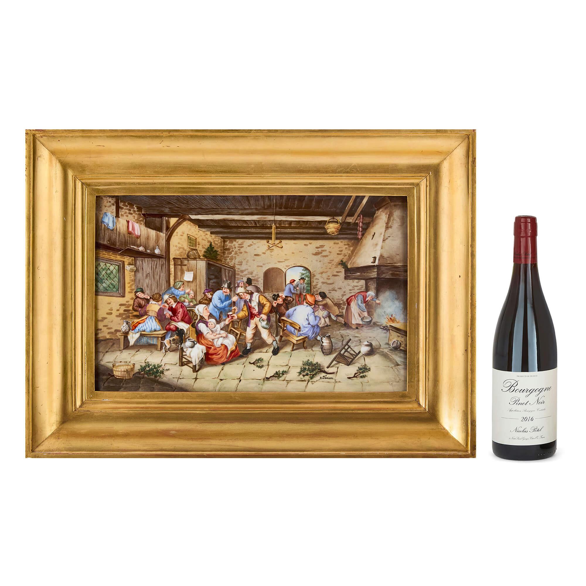 Large German KPM Style Porcelain Plaque of a Tavern Scene For Sale 1