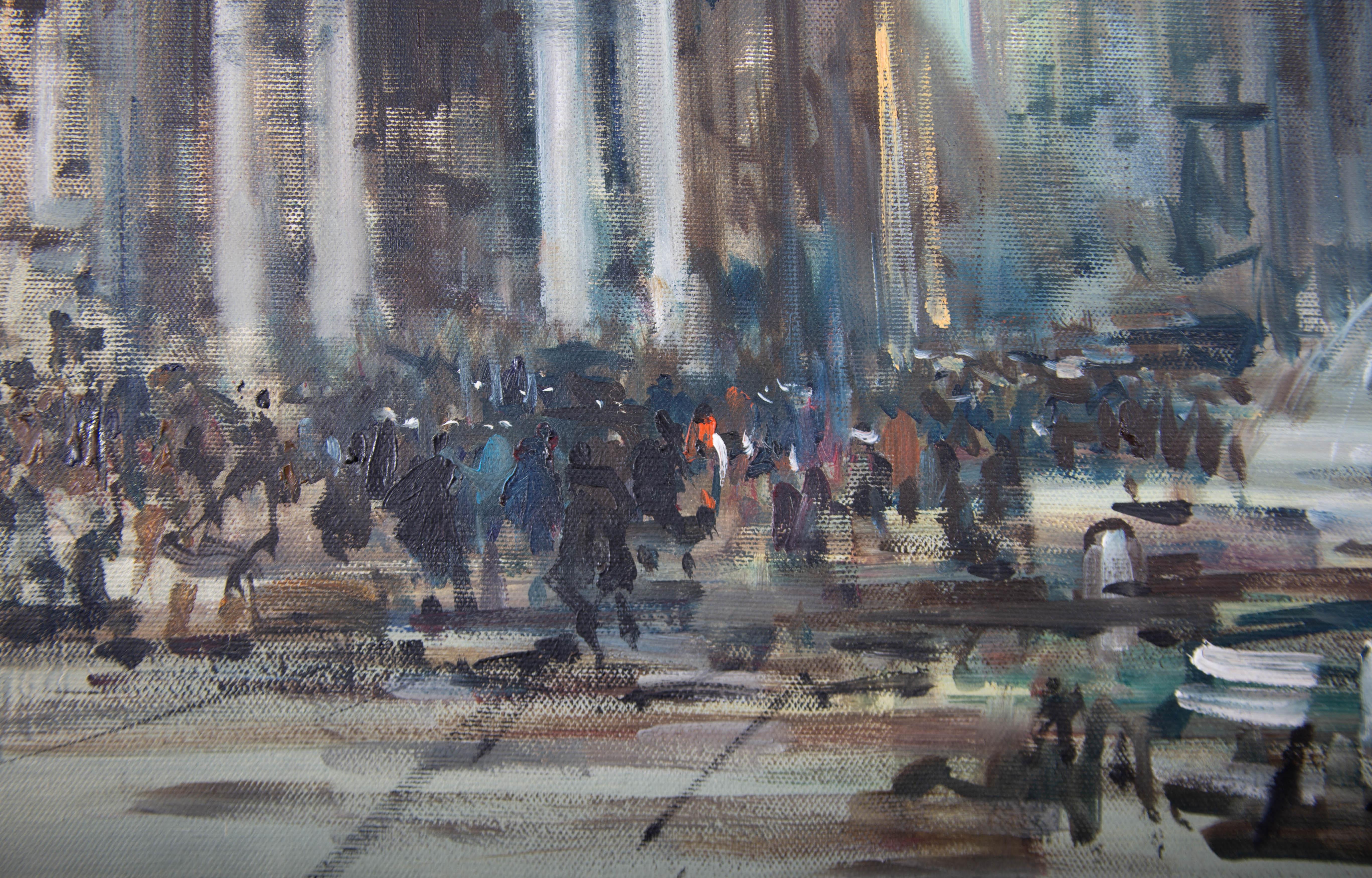 A very fine study of Piazza del Popolo, Rome. The artist has used quick, expressive brushstrokes to emulate the hoards of figures racing through the streets to great effect. Well presented in a silver gilt effect frame with canvas slip. Signed