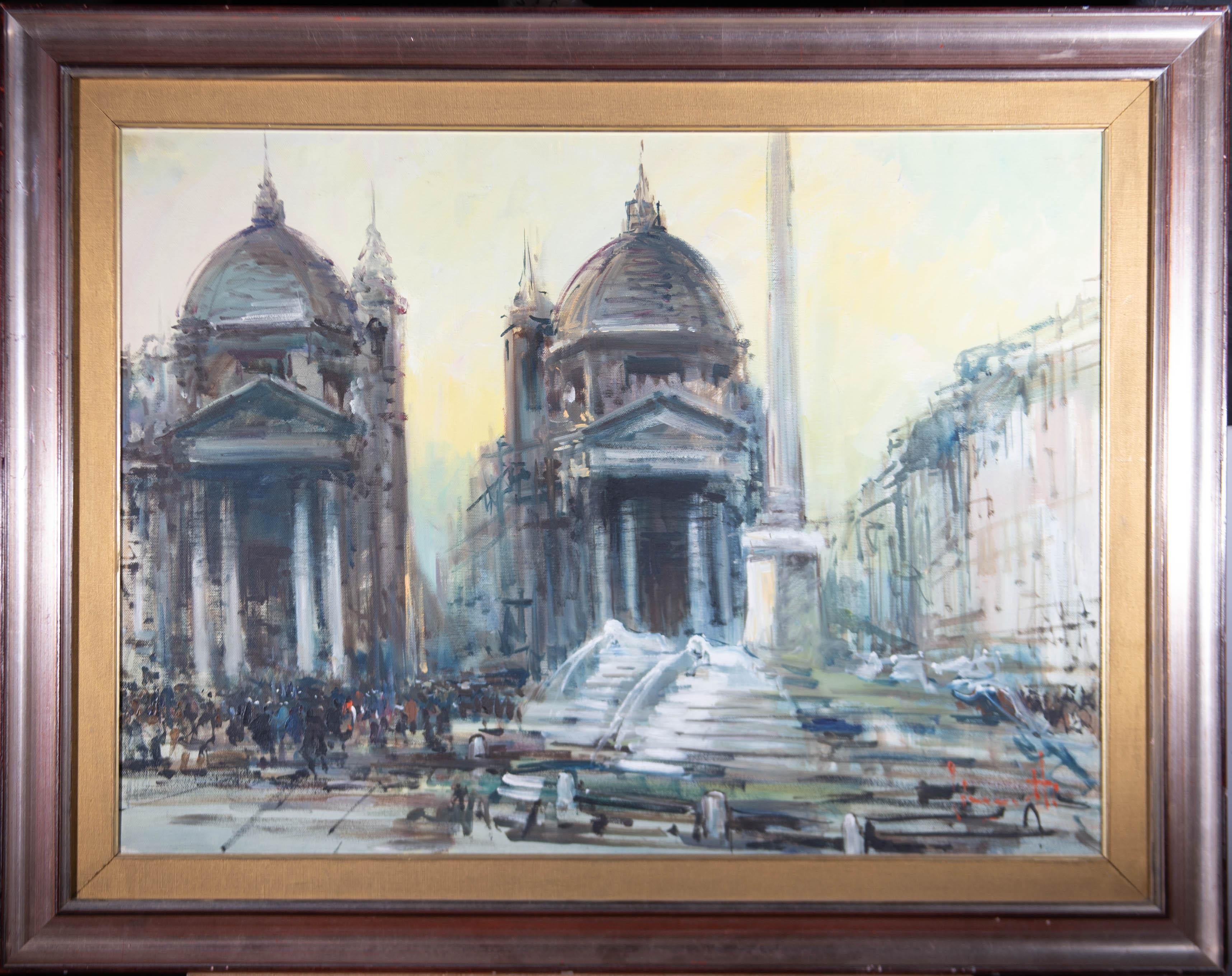 Unknown Landscape Painting - Large Impressionist 20th Century Oil - Piazza del Popolo Rome