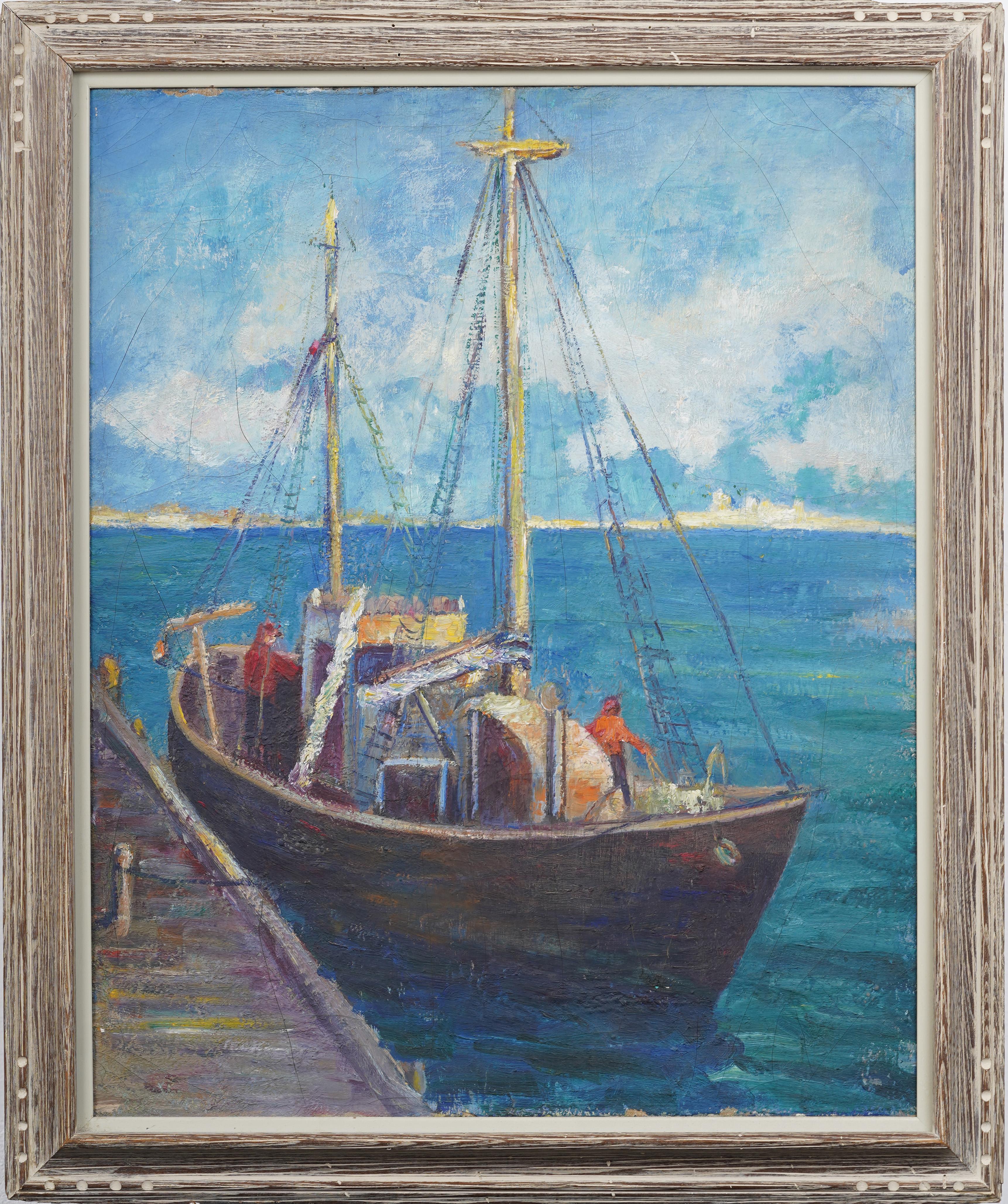 Grande dipinto a olio impressionista europeo con cornice, con barca a vela estiva e paesaggio marino firmato - Painting di Unknown