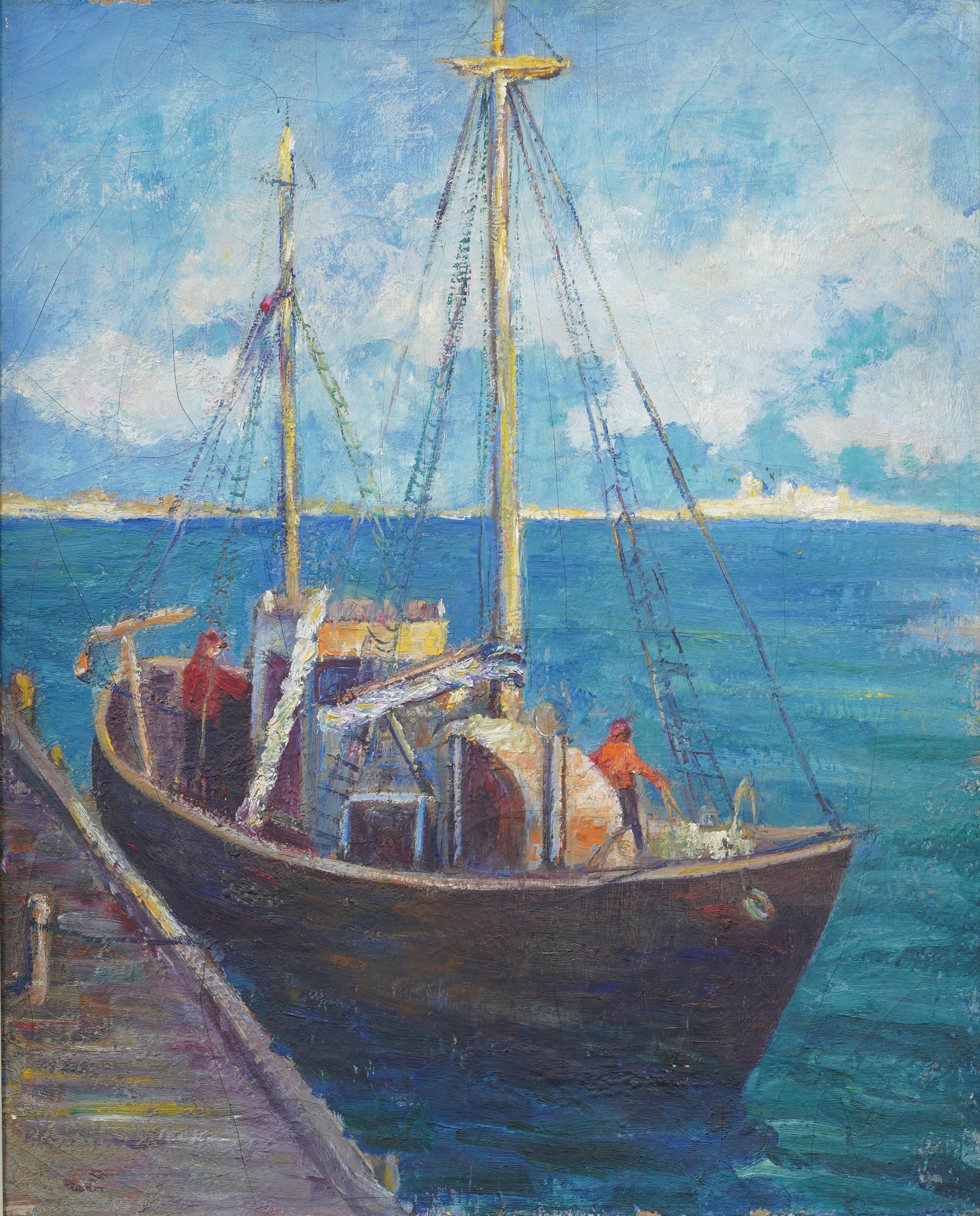 Grande dipinto a olio impressionista europeo con cornice, con barca a vela estiva e paesaggio marino firmato - Painting Astratto di Unknown