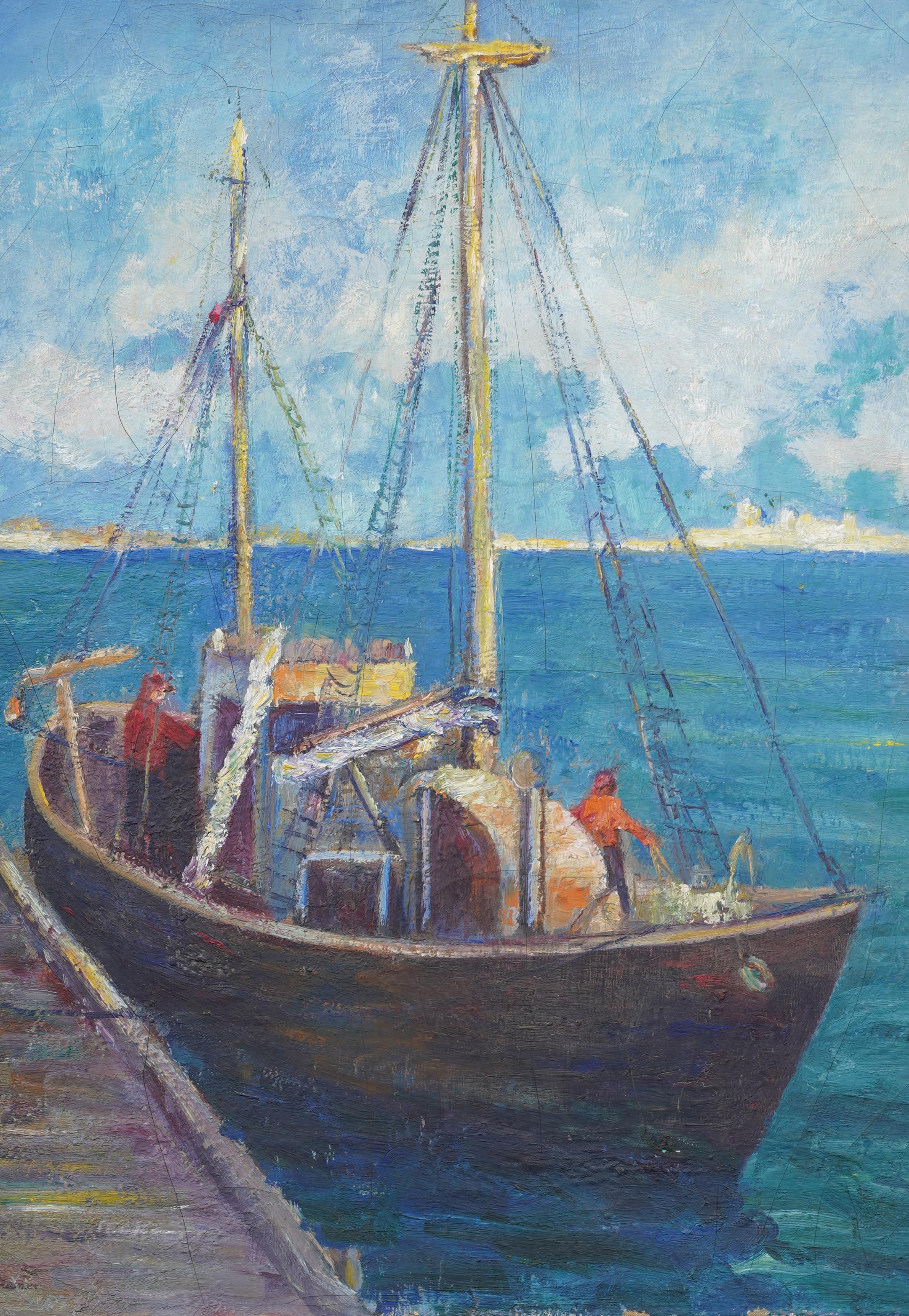 Grande dipinto a olio impressionista europeo con cornice, con barca a vela estiva e paesaggio marino firmato - Landscape Painting Grigio di Unknown
