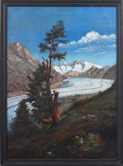 Large Impressionist Glacial River Winter Mountain Landscape Framed Oil Painting