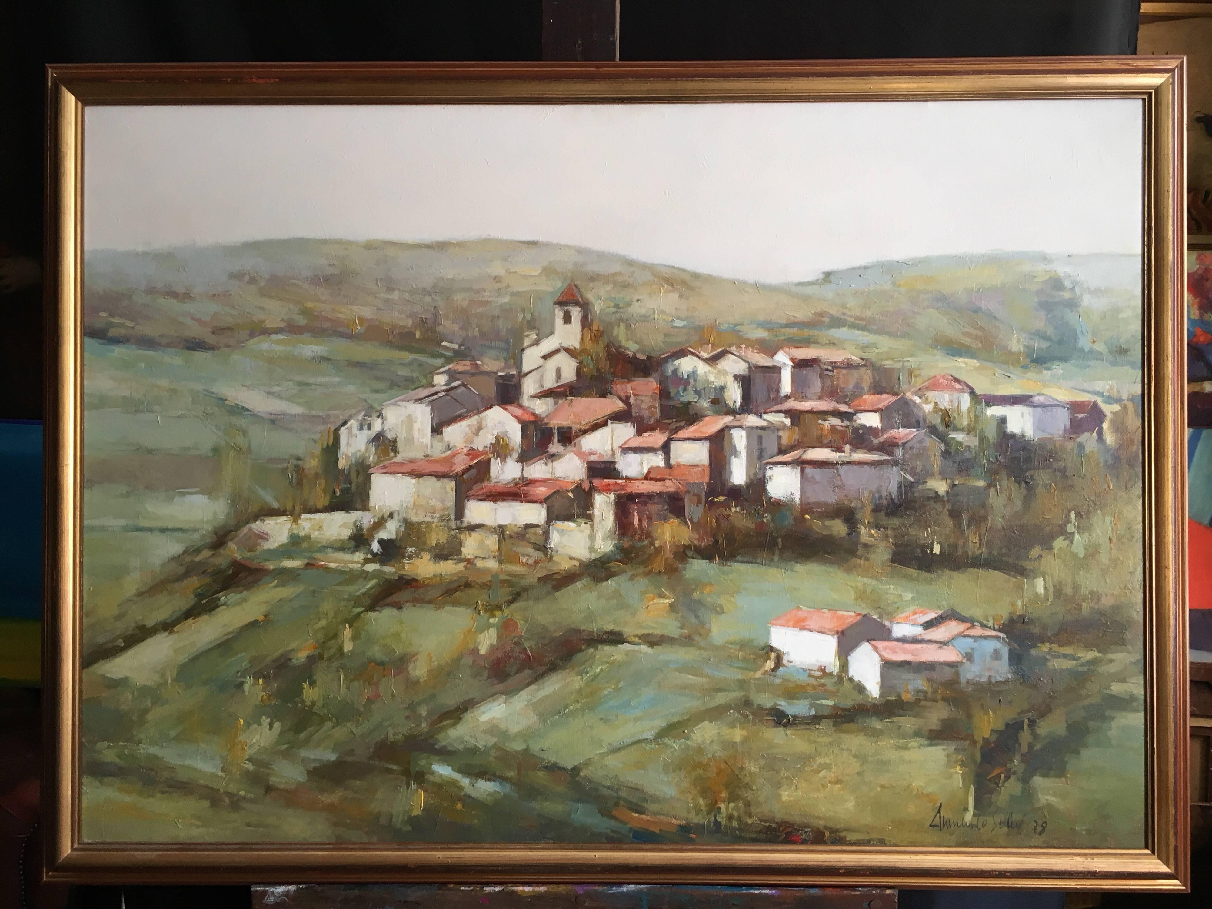 Large Impressionist Provencal Hilltop Town, Oil Painting, Signed - Brown Still-Life Painting by Unknown