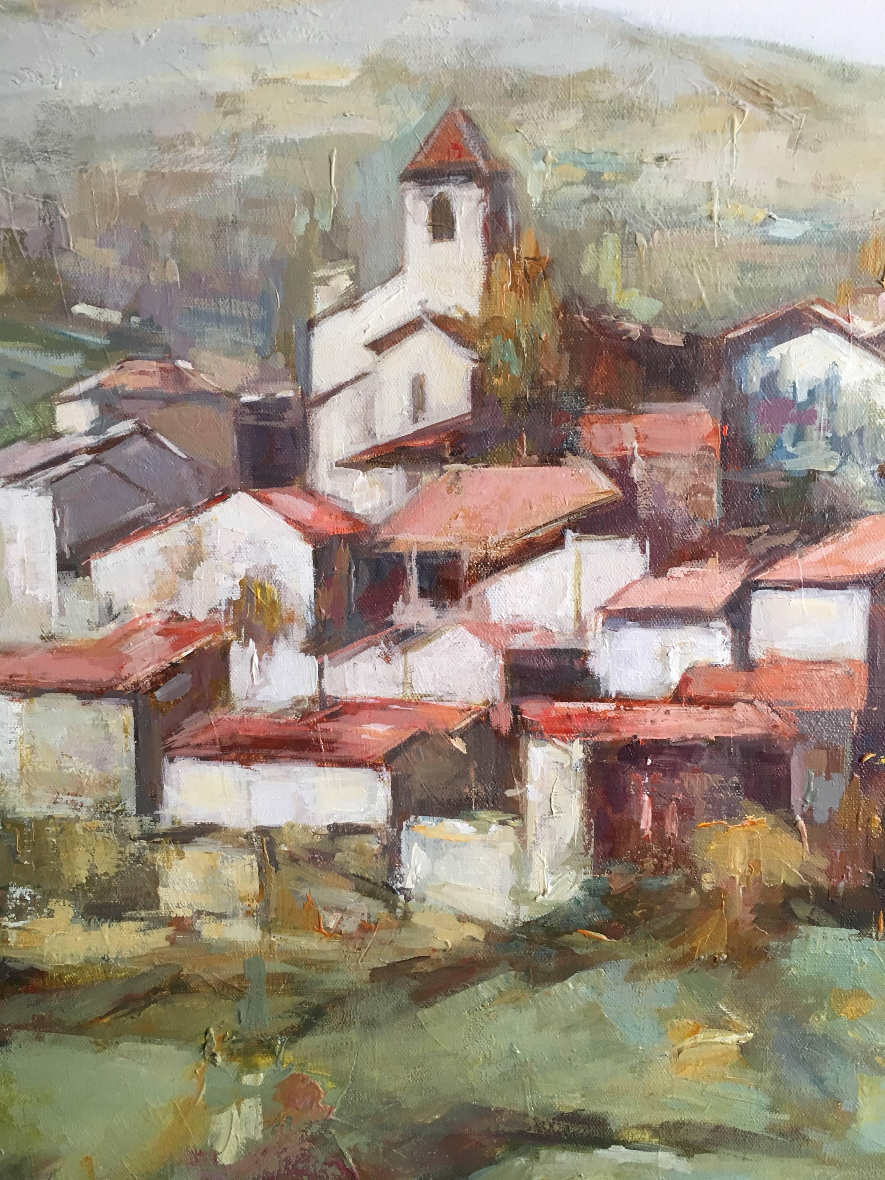 Large Impressionist Provencal Hilltop Town, Oil Painting, Signed 1