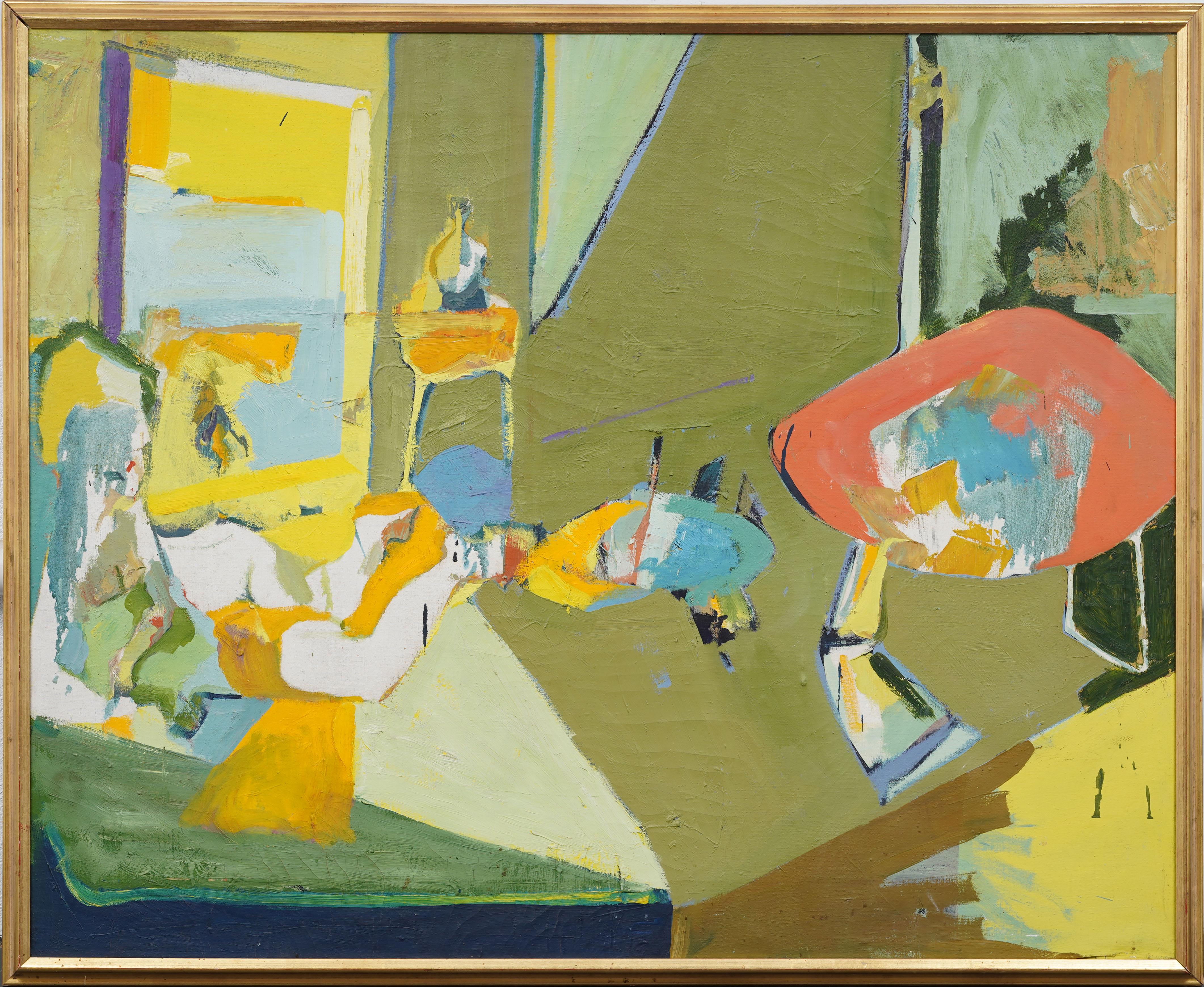 Large Impressive American Abstract Expressionist Modern Interior Oil Painting - Brown Interior Painting by Unknown
