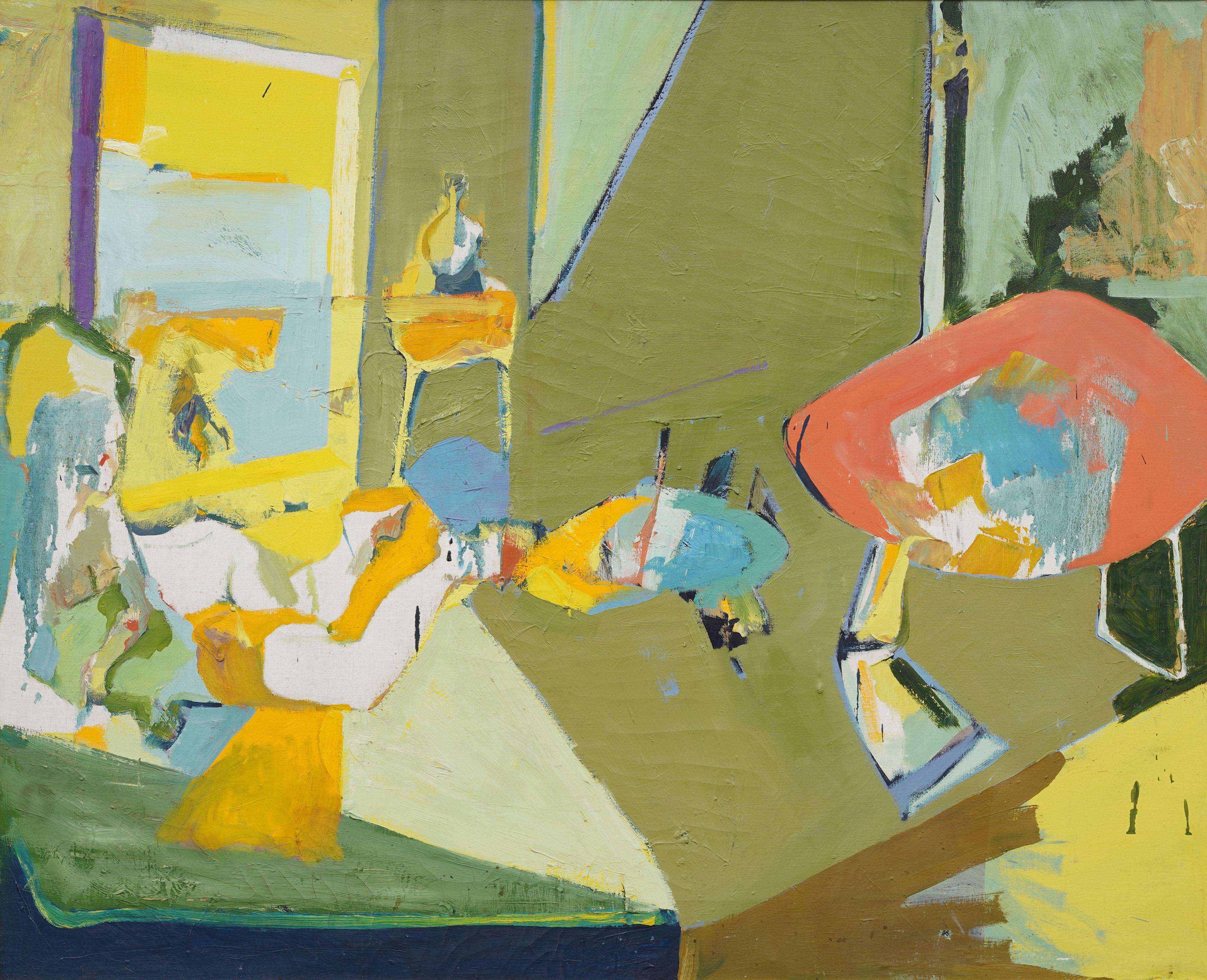 Vintage American modernist abstract interior scene oil painting. Oil on canvas. Framed.  Signed and titled verso, 