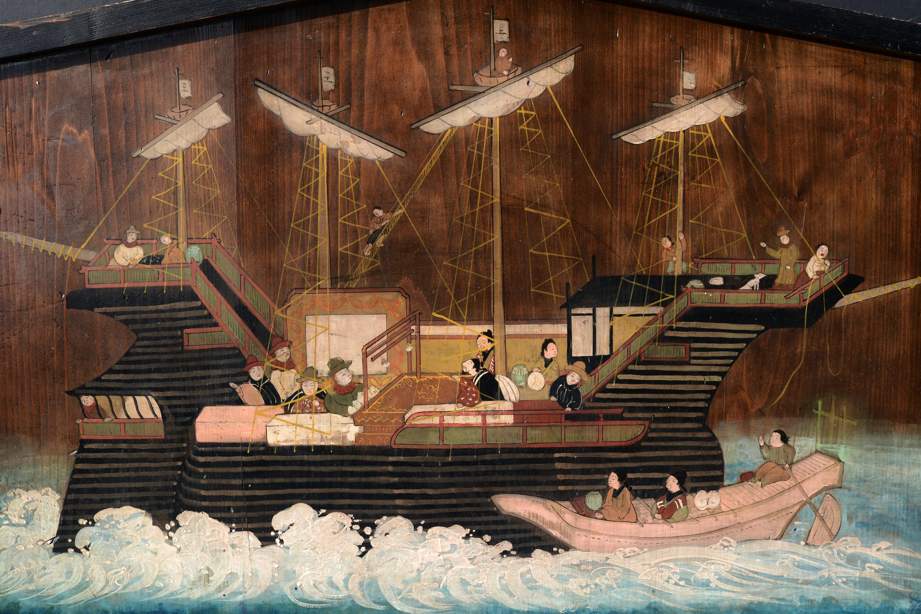Large Japanese Wood Board Ema Namban Depicting a Portuguese Ship Edo period - Painting by Unknown