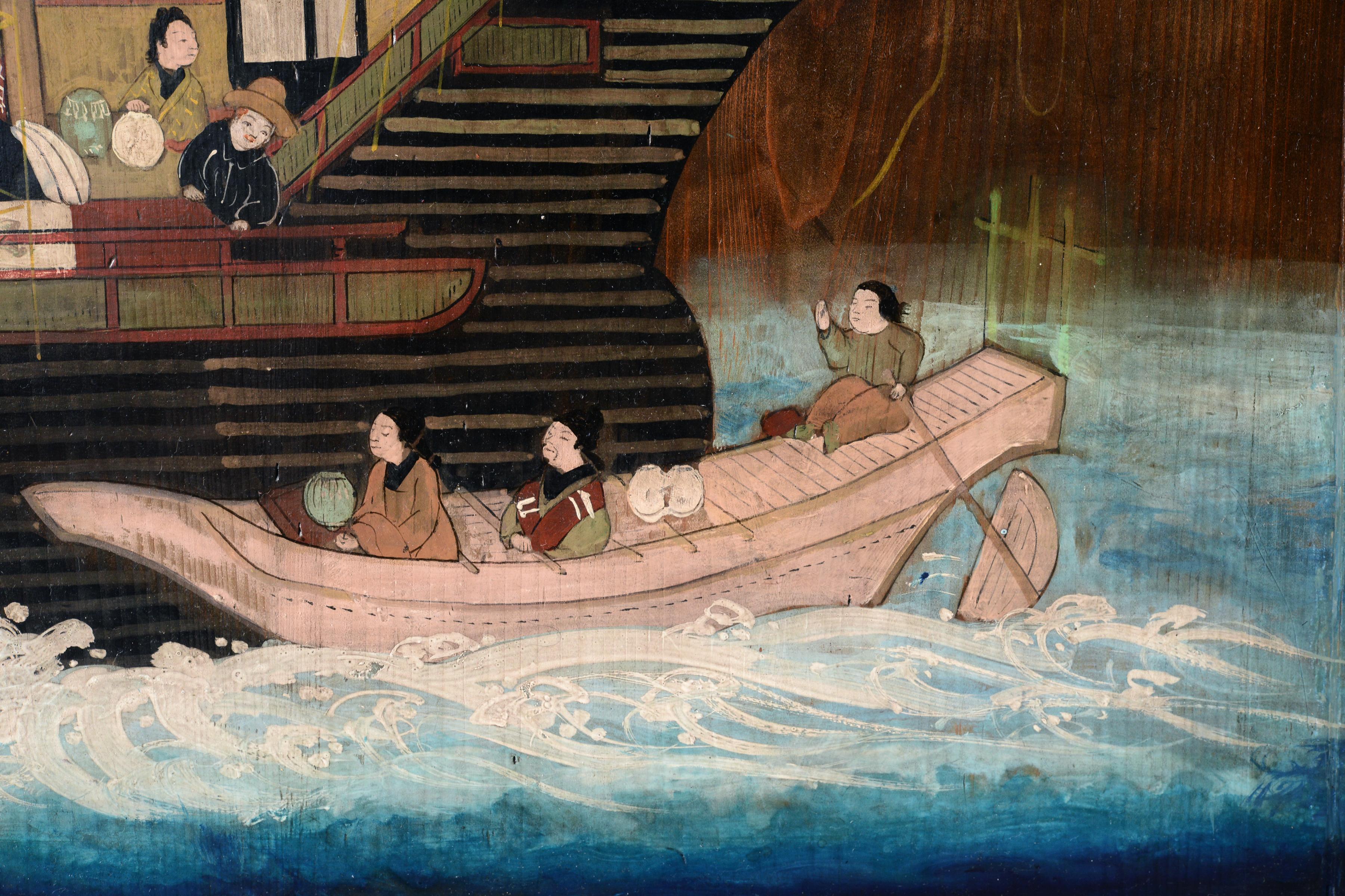 Grande planche de bois japonaise Ema Namban représentant un navire portugais de la période Edo - Réalisme Painting par Unknown