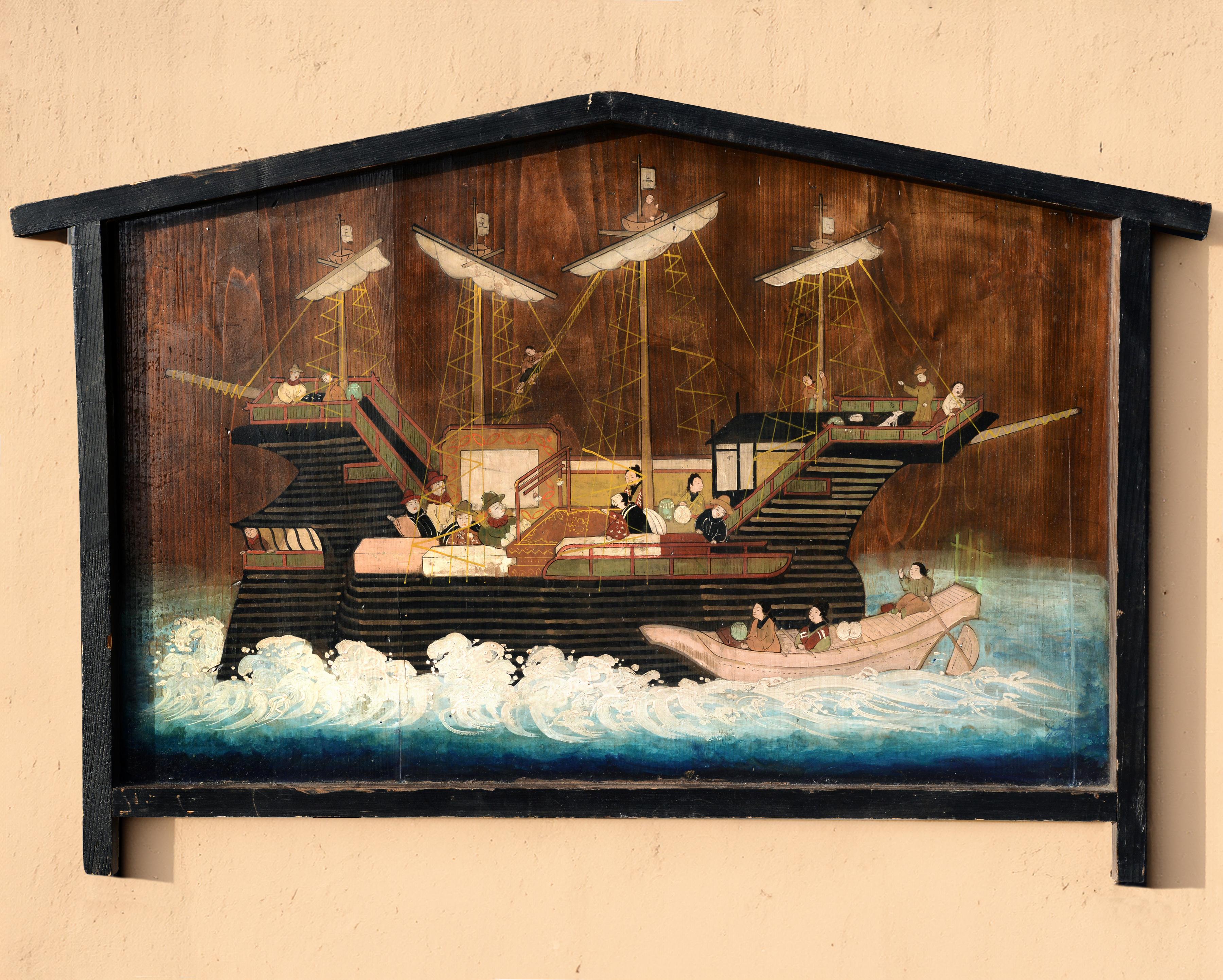 Grande planche de bois japonaise Ema Namban représentant un navire portugais de la période Edo