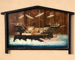 Antique Large Japanese Wood Board Ema Namban Depicting a Portuguese Ship Edo period