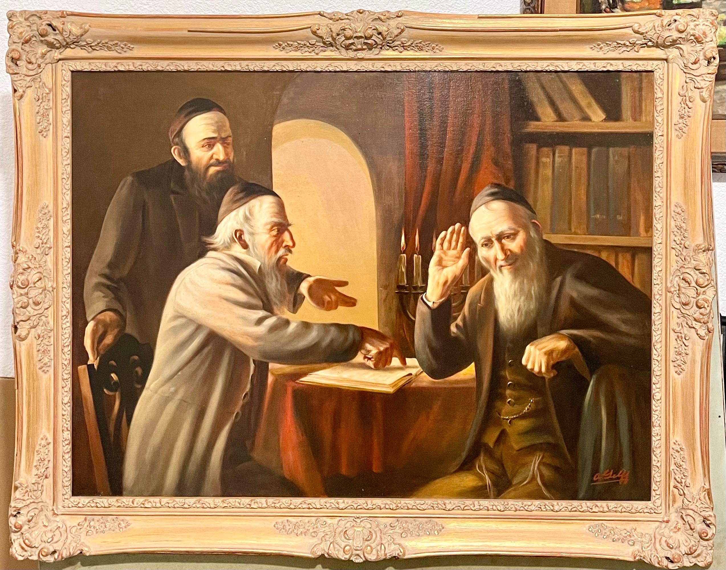Large Judaica Oil Painting Rabbinical Discussion European Jewish Talmud Study 4