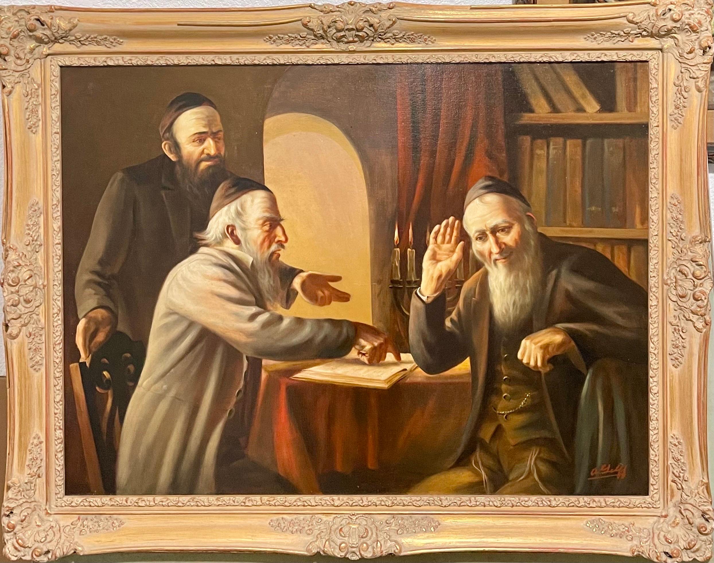 Large Judaica Oil Painting Rabbinical Discussion European Jewish Talmud Study 5