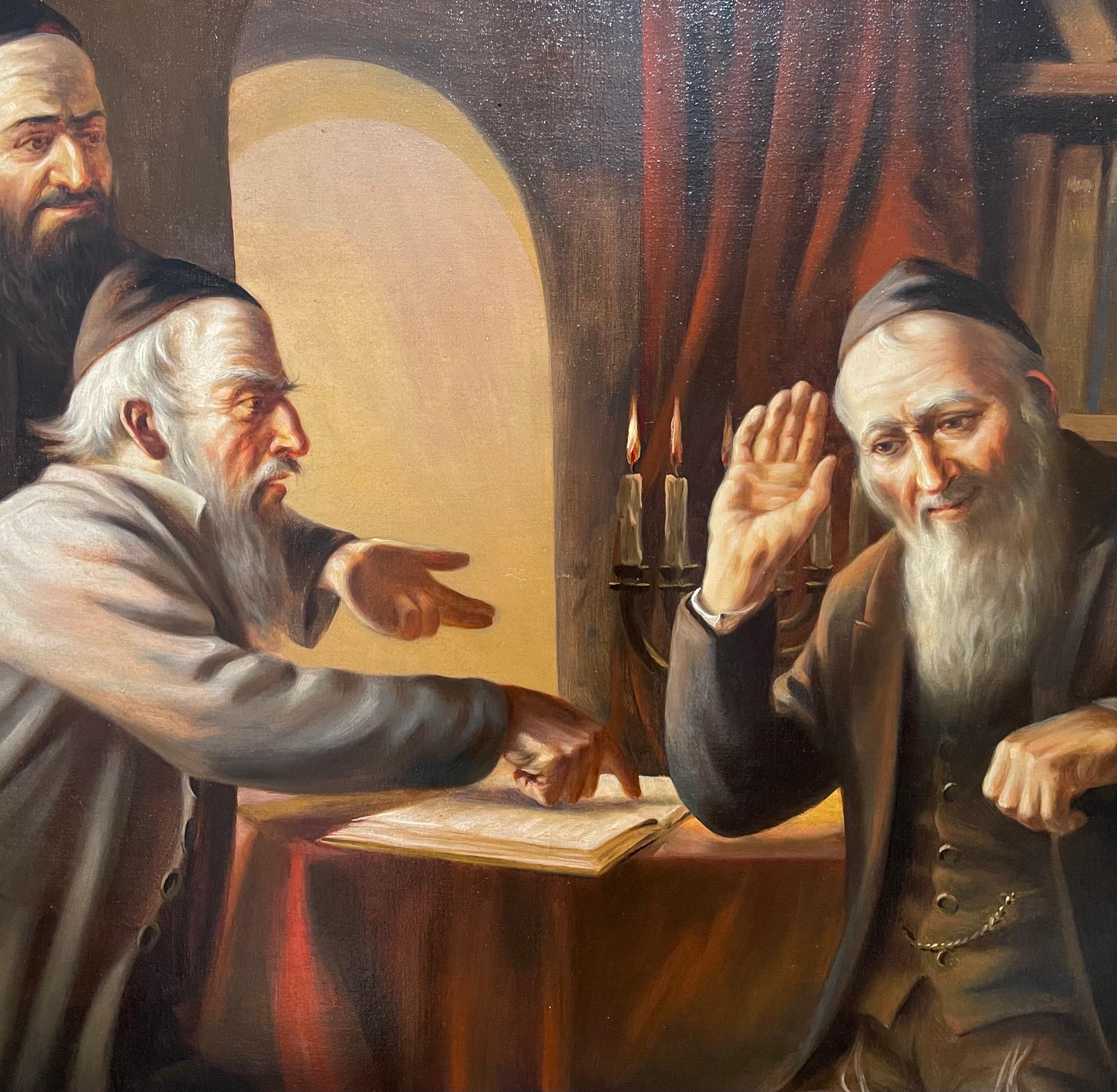 Large Judaica Oil Painting Rabbinical Discussion European Jewish Talmud Study - Brown Figurative Painting by Unknown