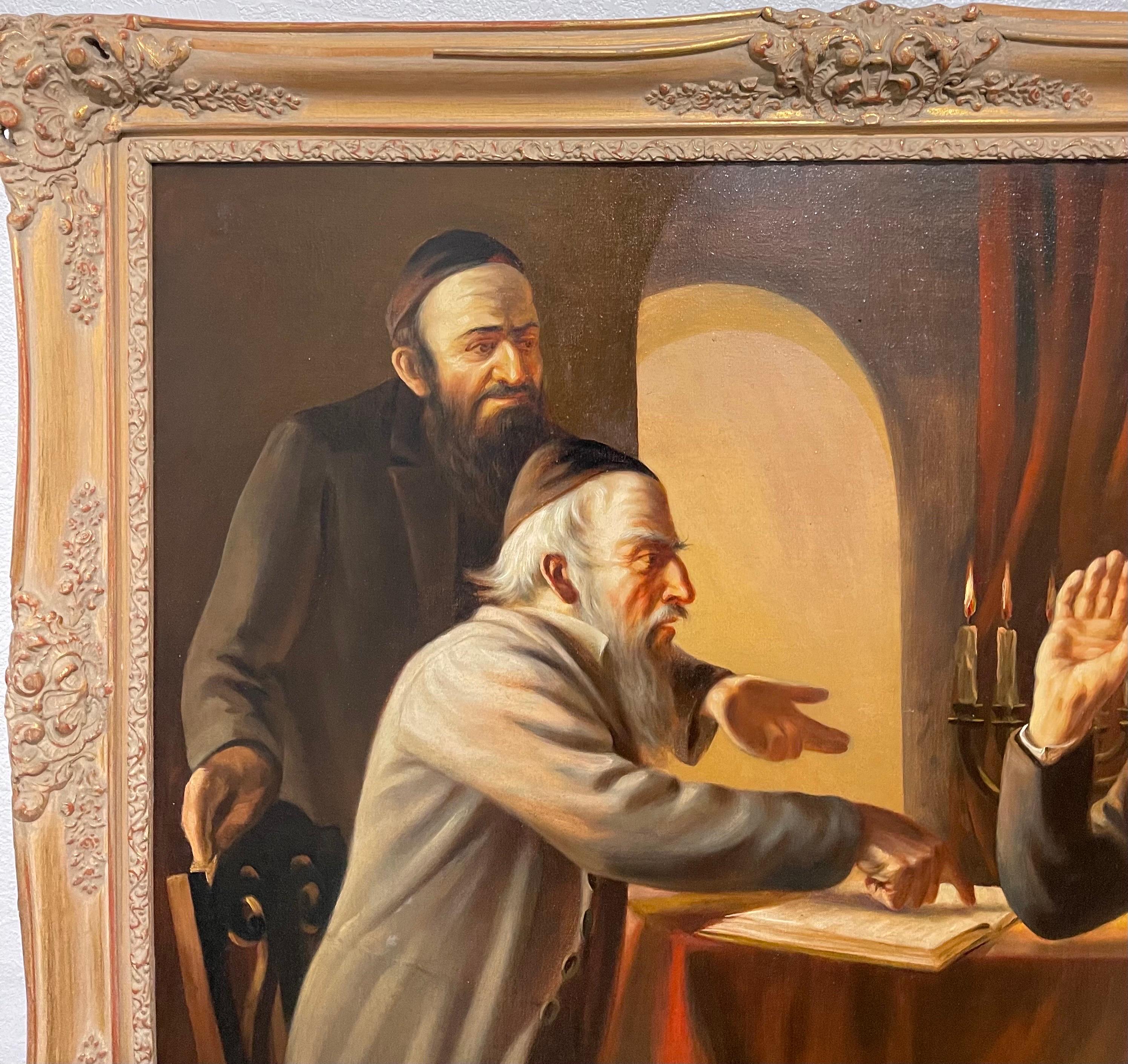 Framed 33 X 42, sight 28 X 37

This is a classic Judaic painting of a Jewish genre scene of a rabbinical debate or rabbis studying talmud. It is not dated. It is signed lower right but i cannot make out the name. I am unsure if this is from the USA,