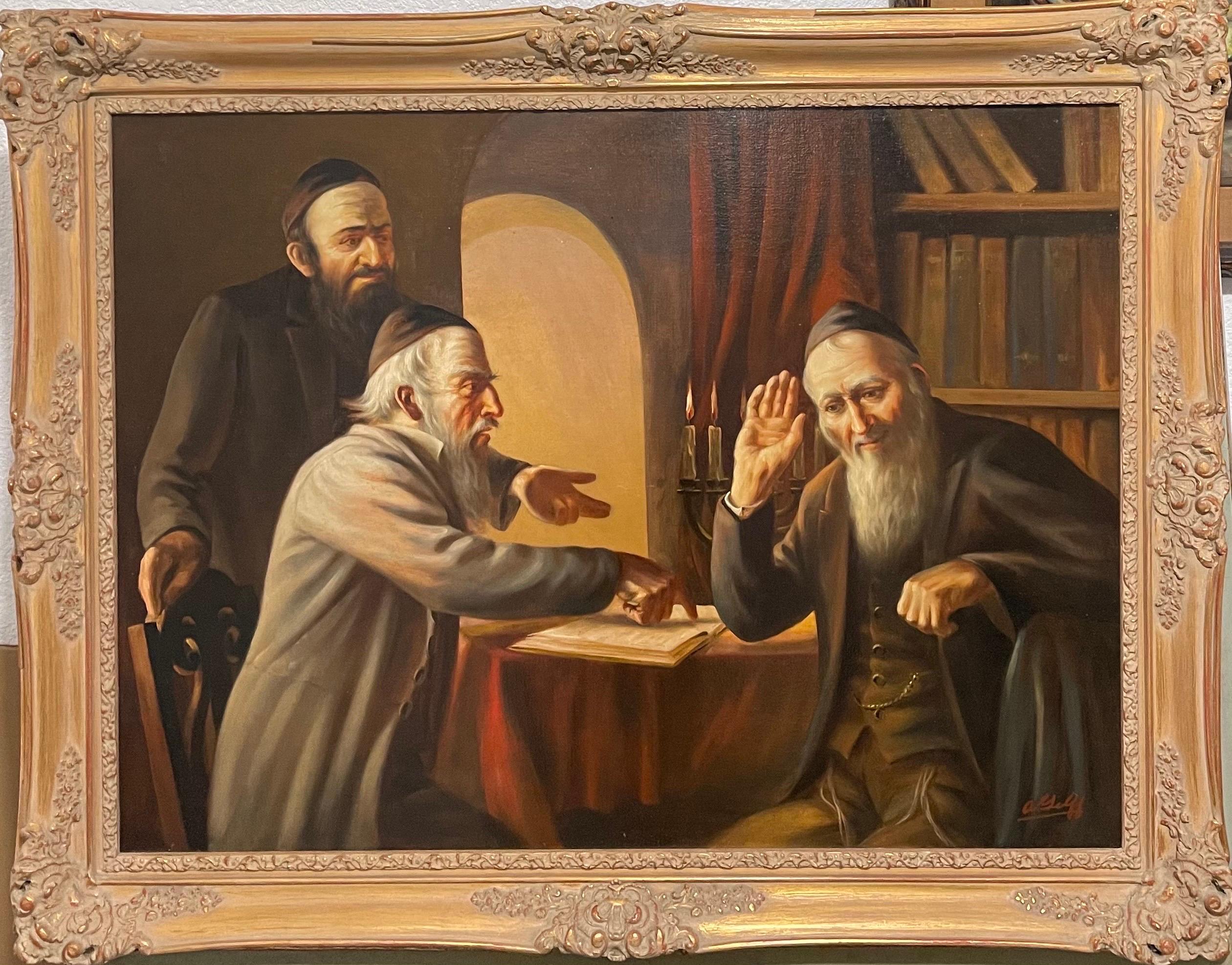 Large Judaica Oil Painting Rabbinical Discussion European Jewish Talmud Study 3
