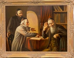 Large Judaica Oil Painting Rabbinical Discussion European Jewish Talmud Study