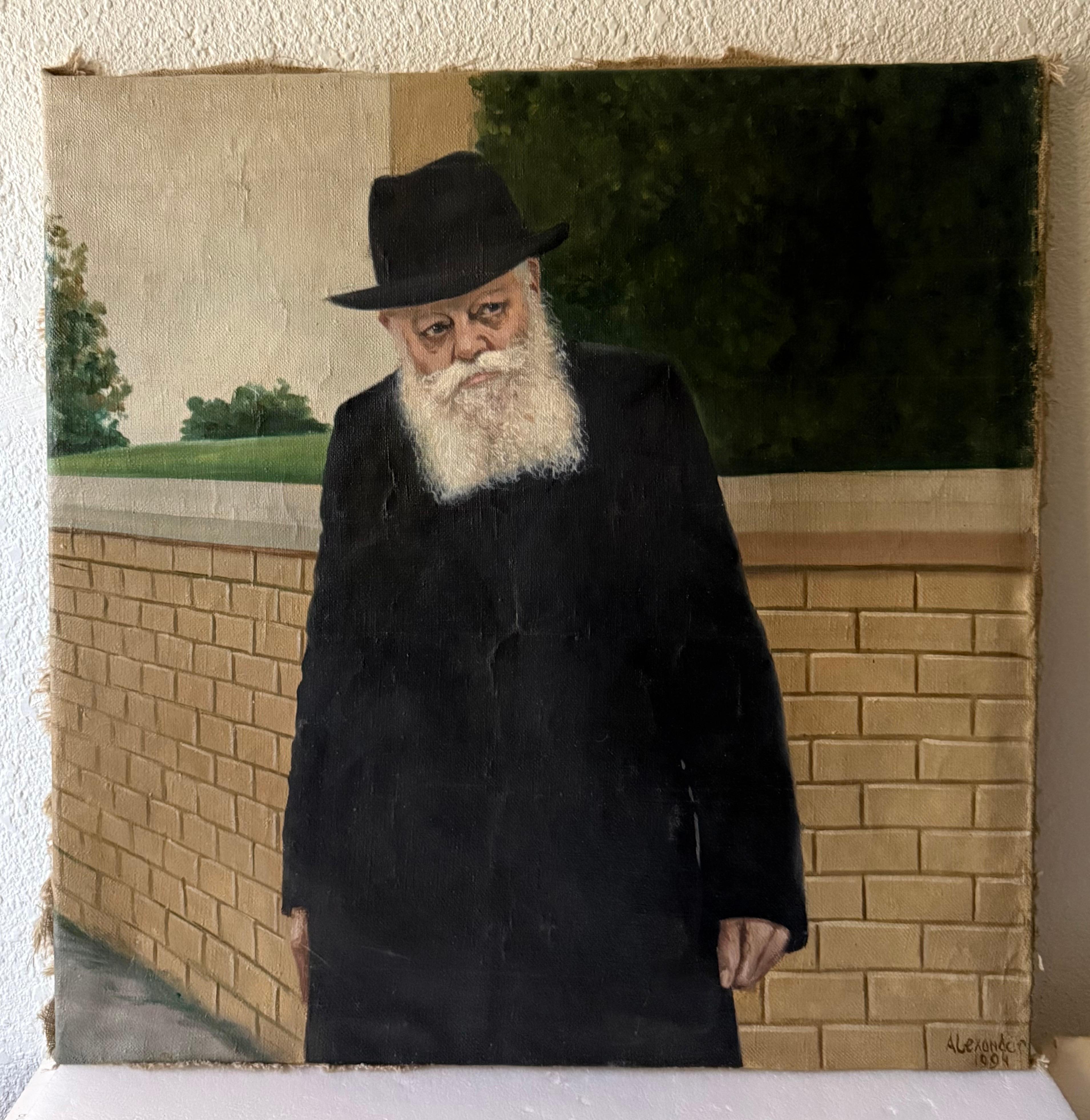 Large Judaica Original Oil Rabbi Painting Lubavitcher Rebbe 770 Chabad, New York en vente 1