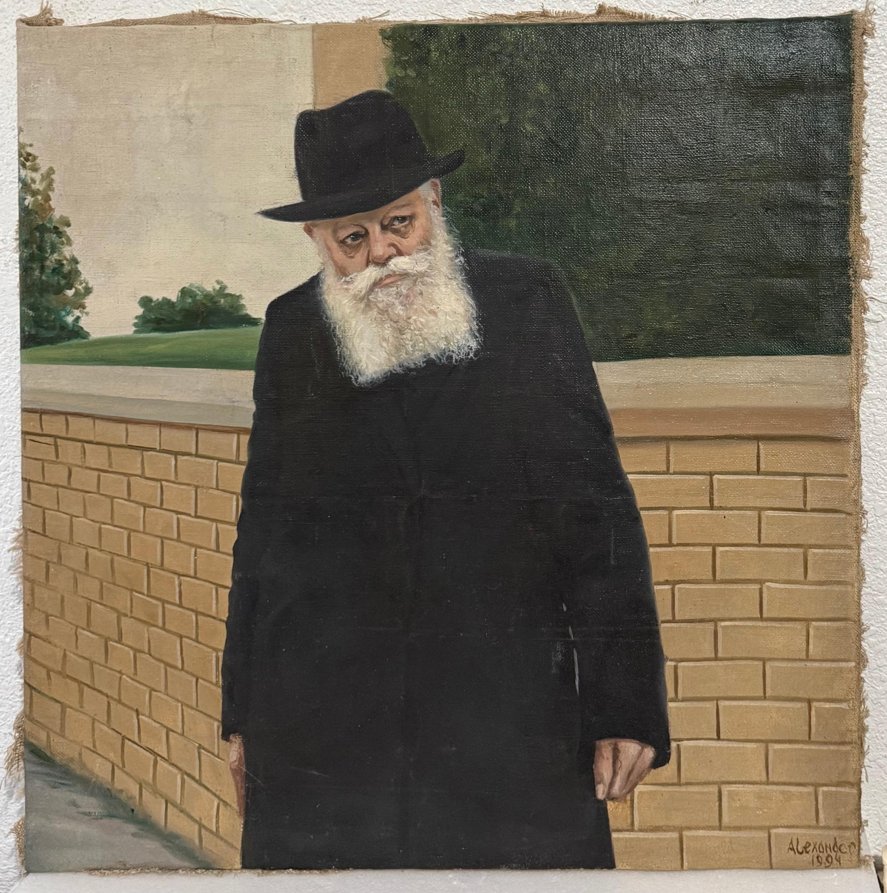Large Judaica Original Oil Rabbi Painting Lubavitcher Rebbe 770 Chabad, New York en vente 2