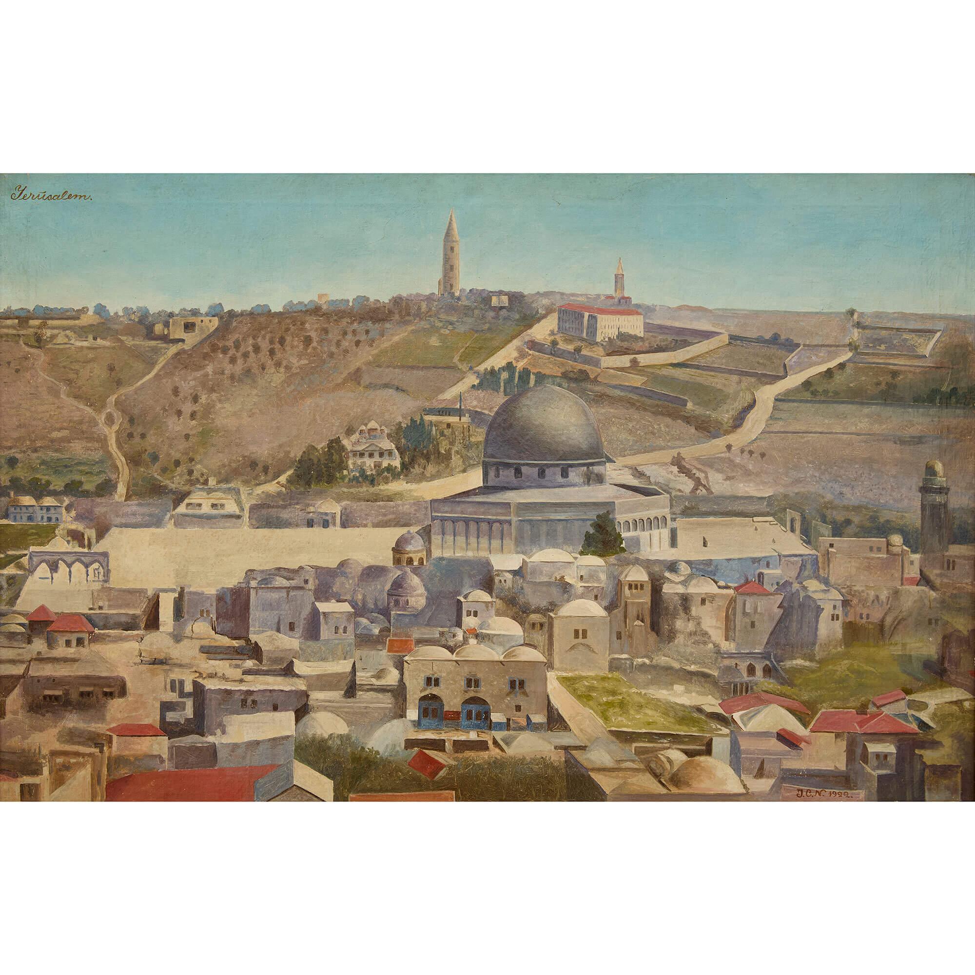 Peinture à l'huile d'un grand paysage Jérusalem - Painting de Unknown