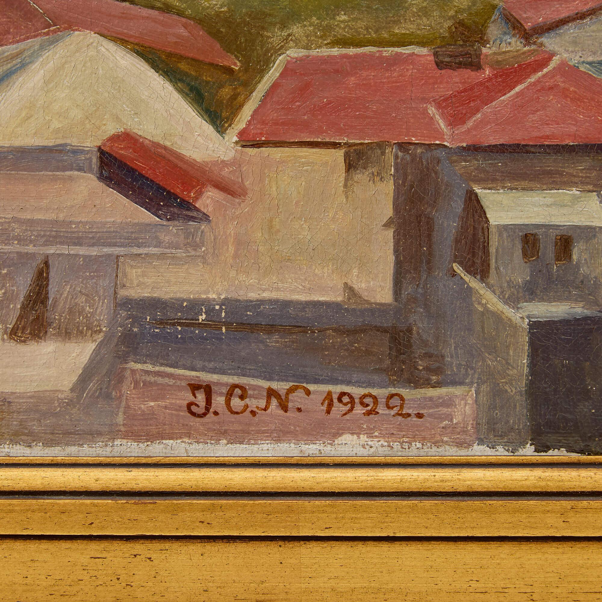 Peinture à l'huile d'un grand paysage Jérusalem 
Continental, 20ème siècle 
Toile : Hauteur 63 cm, largeur 96 cm
Cadre : Hauteur 80 cm, largeur 111 cm, profondeur 6 cm

Il s'agit d'une peinture à l'huile orientaliste évocatrice datant de 1922,