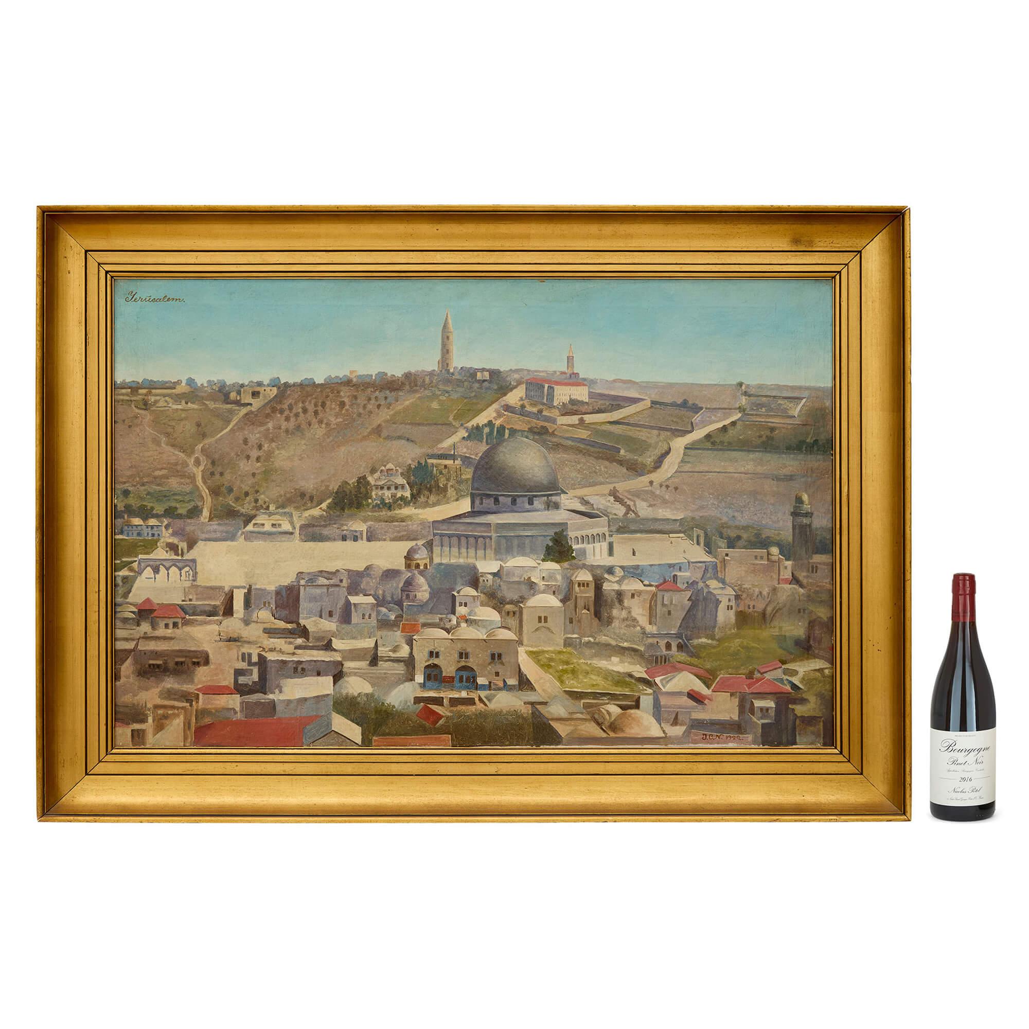 Peinture à l'huile d'un grand paysage Jérusalem en vente 1