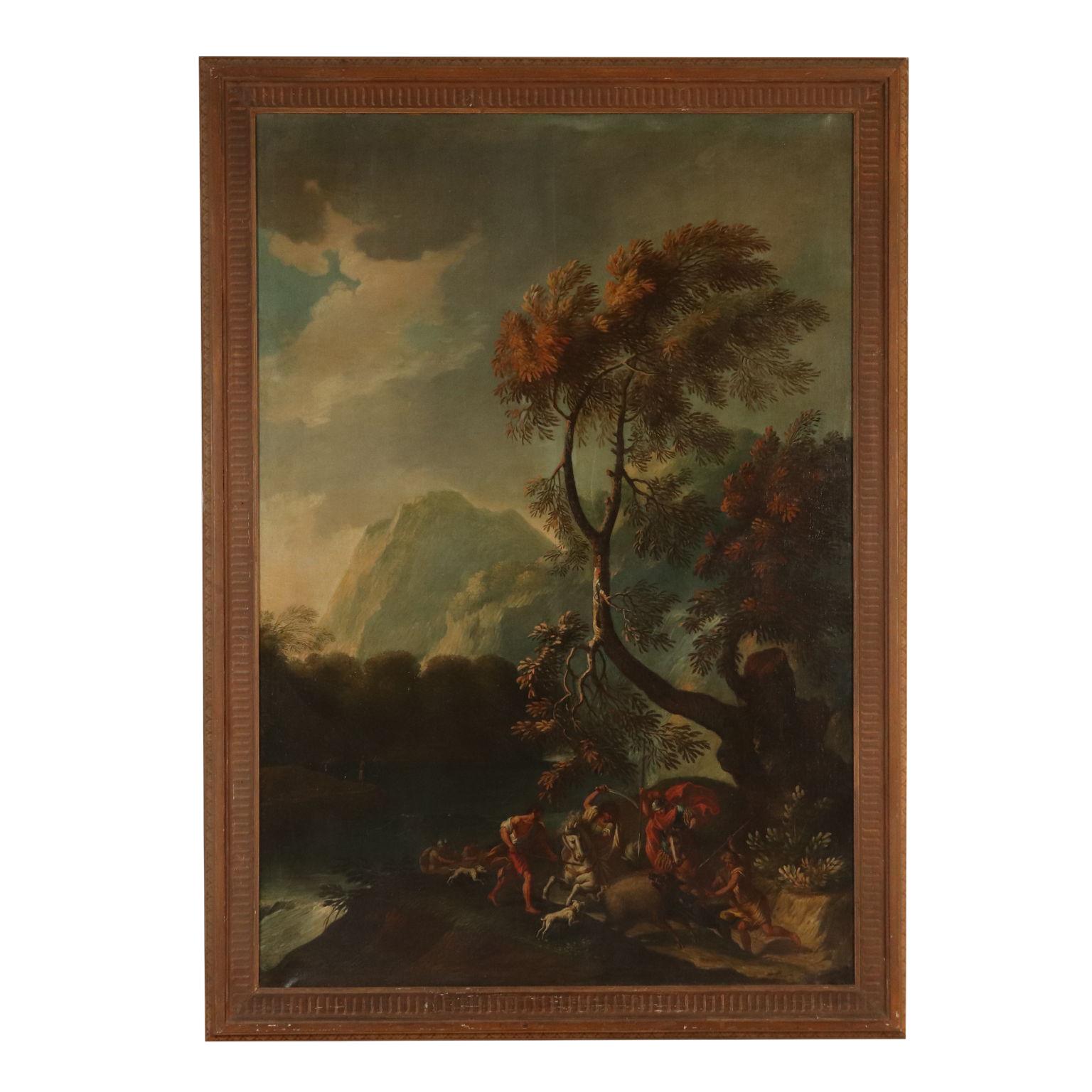 Unknown Landscape Painting - Large Landscape Wild Boar Hunting Oil on Canvas 18th Century
