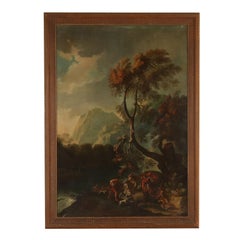 Antique Large Landscape Wild Boar Hunting Oil on Canvas 18th Century