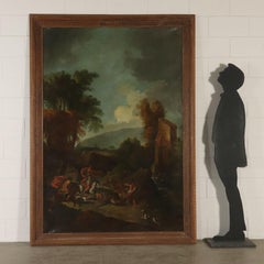 Large Landscape with Hunting Scene Oil on Canvas 18th Century. Deer Hunt