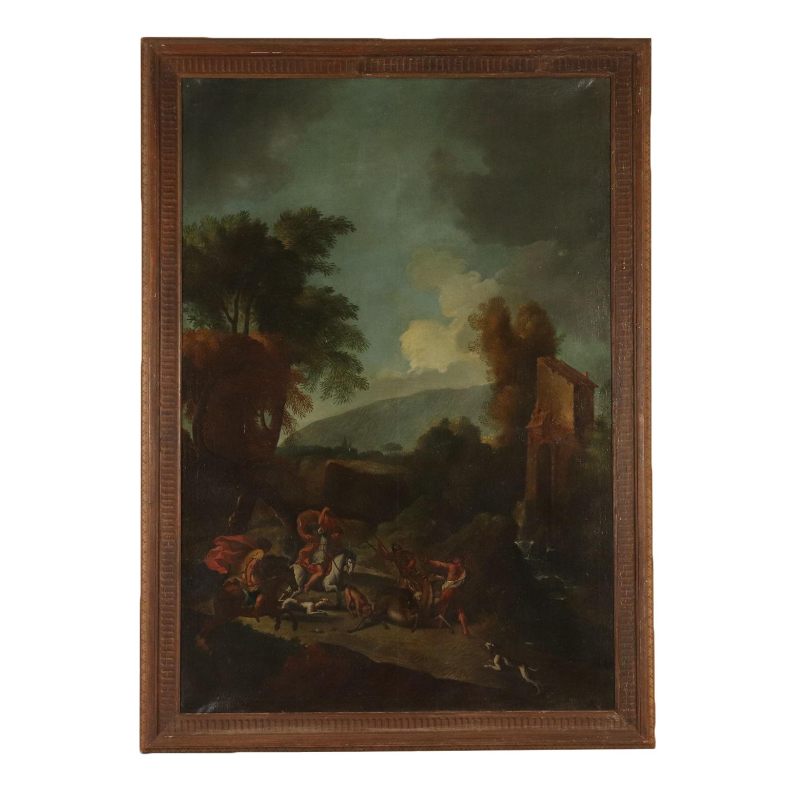 Unknown Landscape Painting - Large Landscape with Hunting Scene Oil on Canvas 18th Century. Deer Hunt