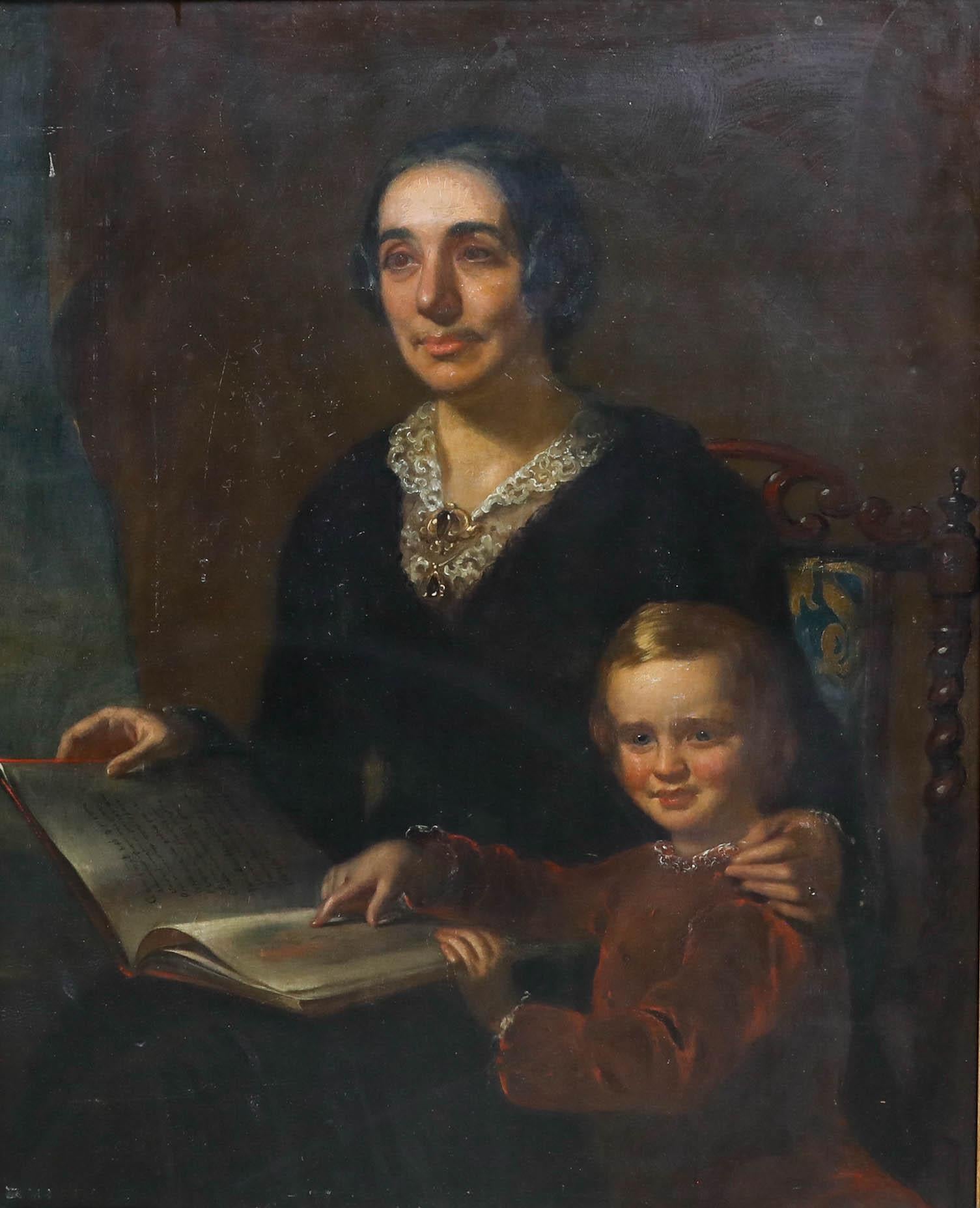 Großes Ölgemälde des späten 19. Jahrhunderts – Porträt von Mutter und Kind – Painting von Unknown