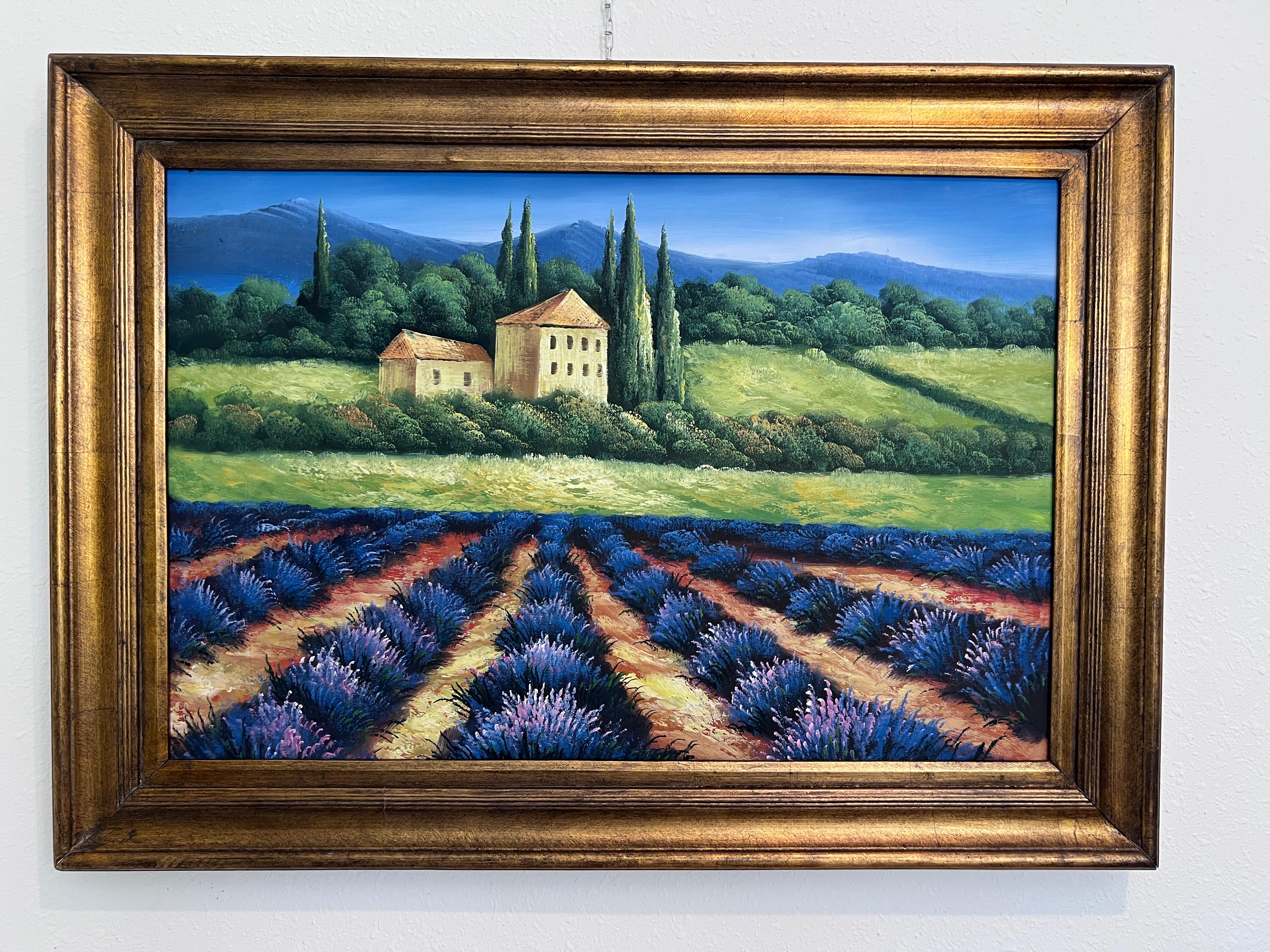 Großes lavendelfarbenes Feld-Landschaftsgemälde  Gerahmtes Acryl auf Leinwand  Französischer Stil – Painting von Unknown