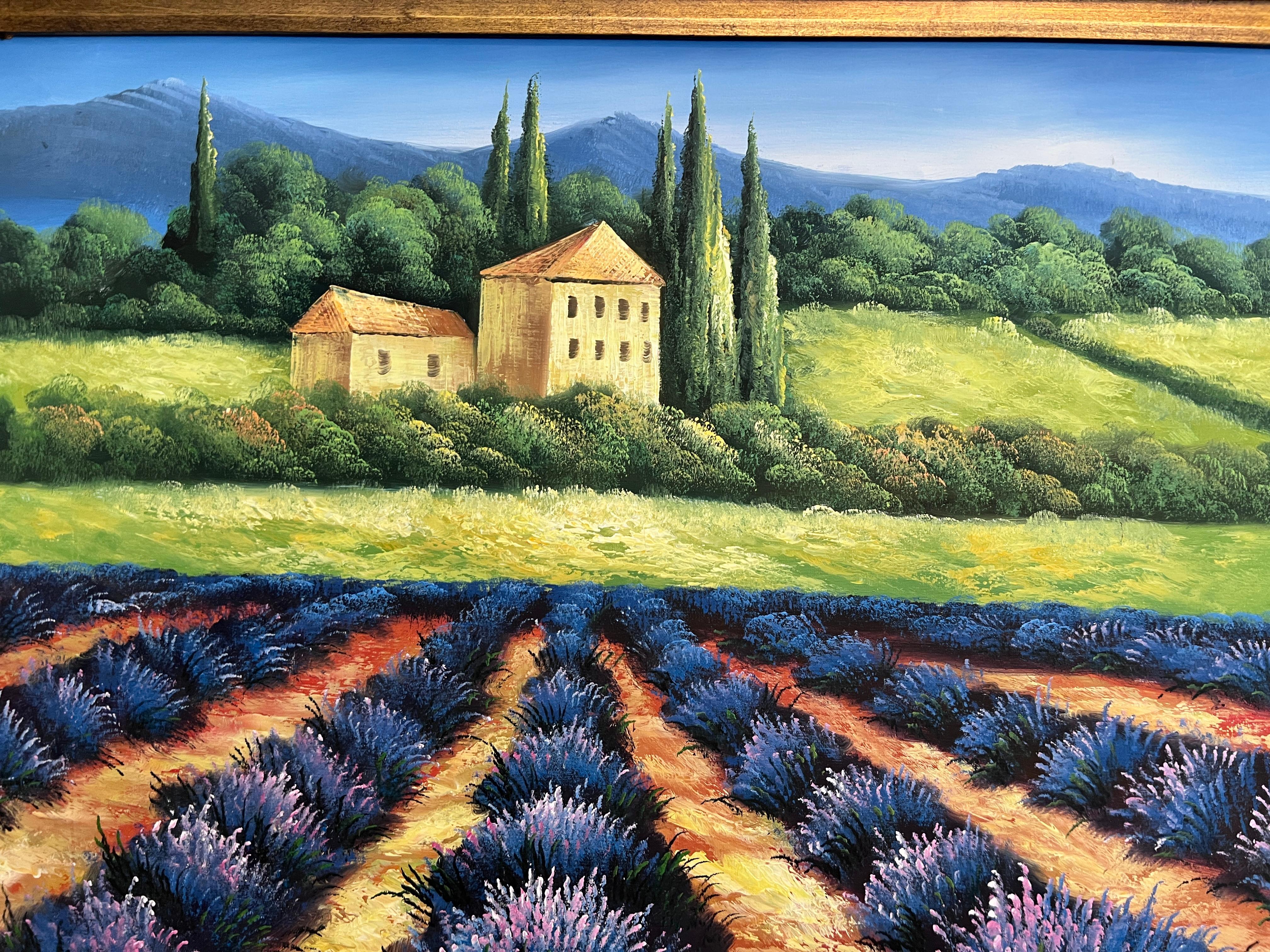 Großes lavendelfarbenes Feld-Landschaftsgemälde  Gerahmtes Acryl auf Leinwand  Französischer Stil (Impressionismus), Painting, von Unknown