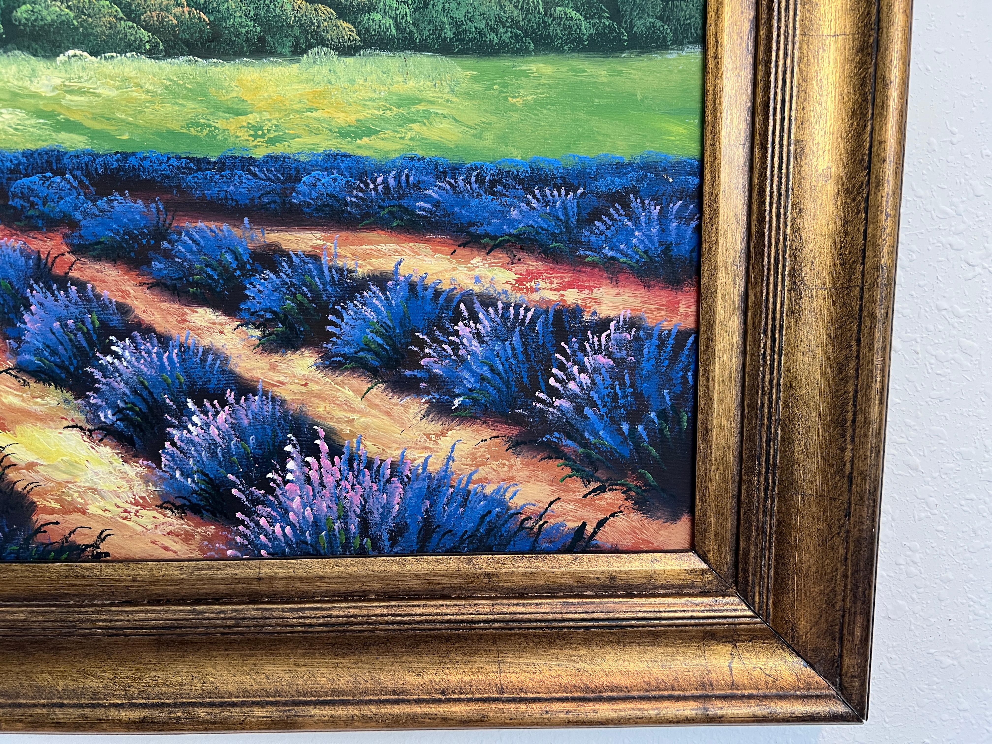 Großes lavendelfarbenes Feld-Landschaftsgemälde  Gerahmtes Acryl auf Leinwand  Französischer Stil im Angebot 2