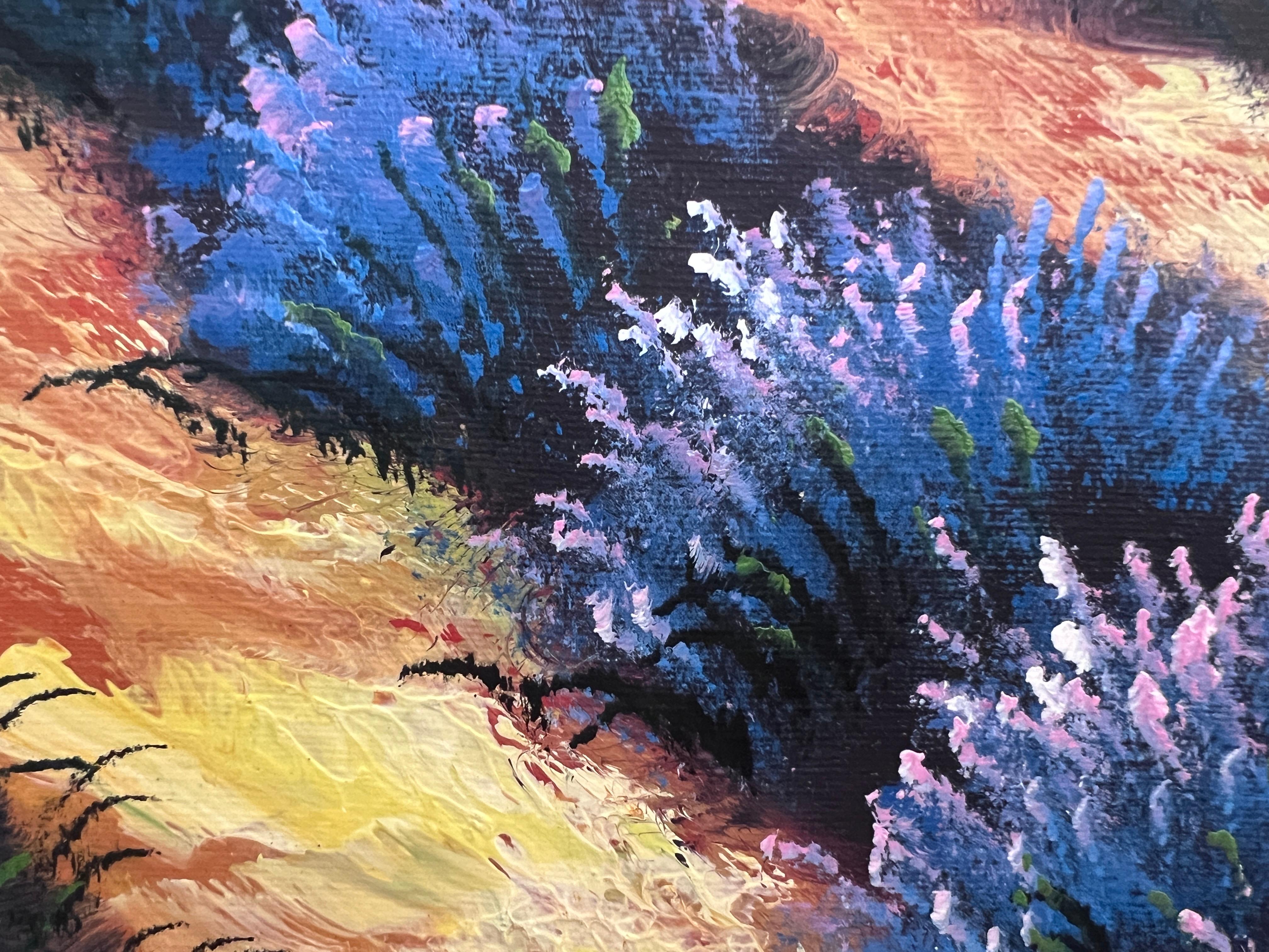 Großes lavendelfarbenes Feld-Landschaftsgemälde  Gerahmtes Acryl auf Leinwand  Französischer Stil im Angebot 4