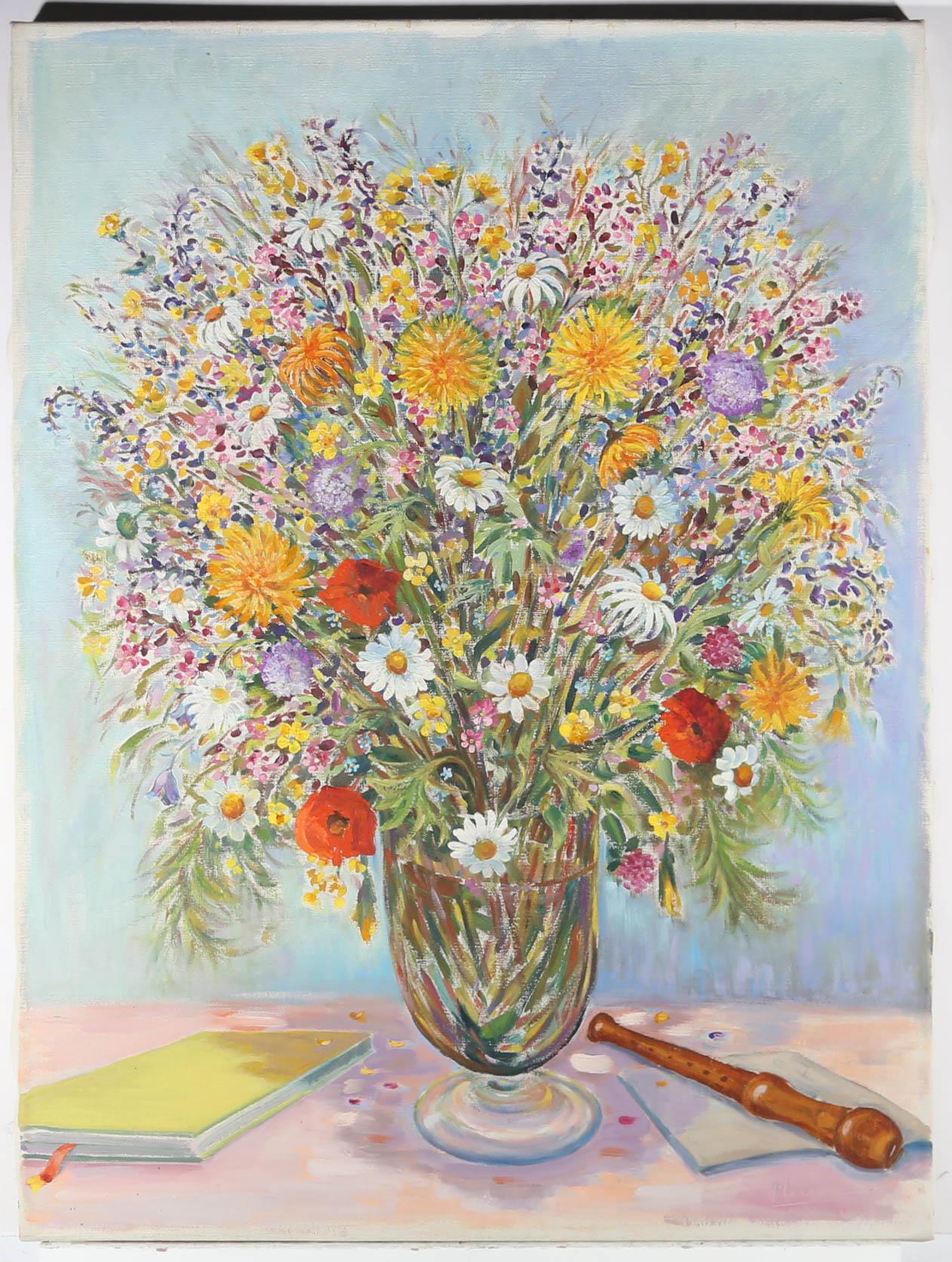 Großes Öl aus der Mitte des 20. Jahrhunderts - Sommerblumen – Painting von Unknown