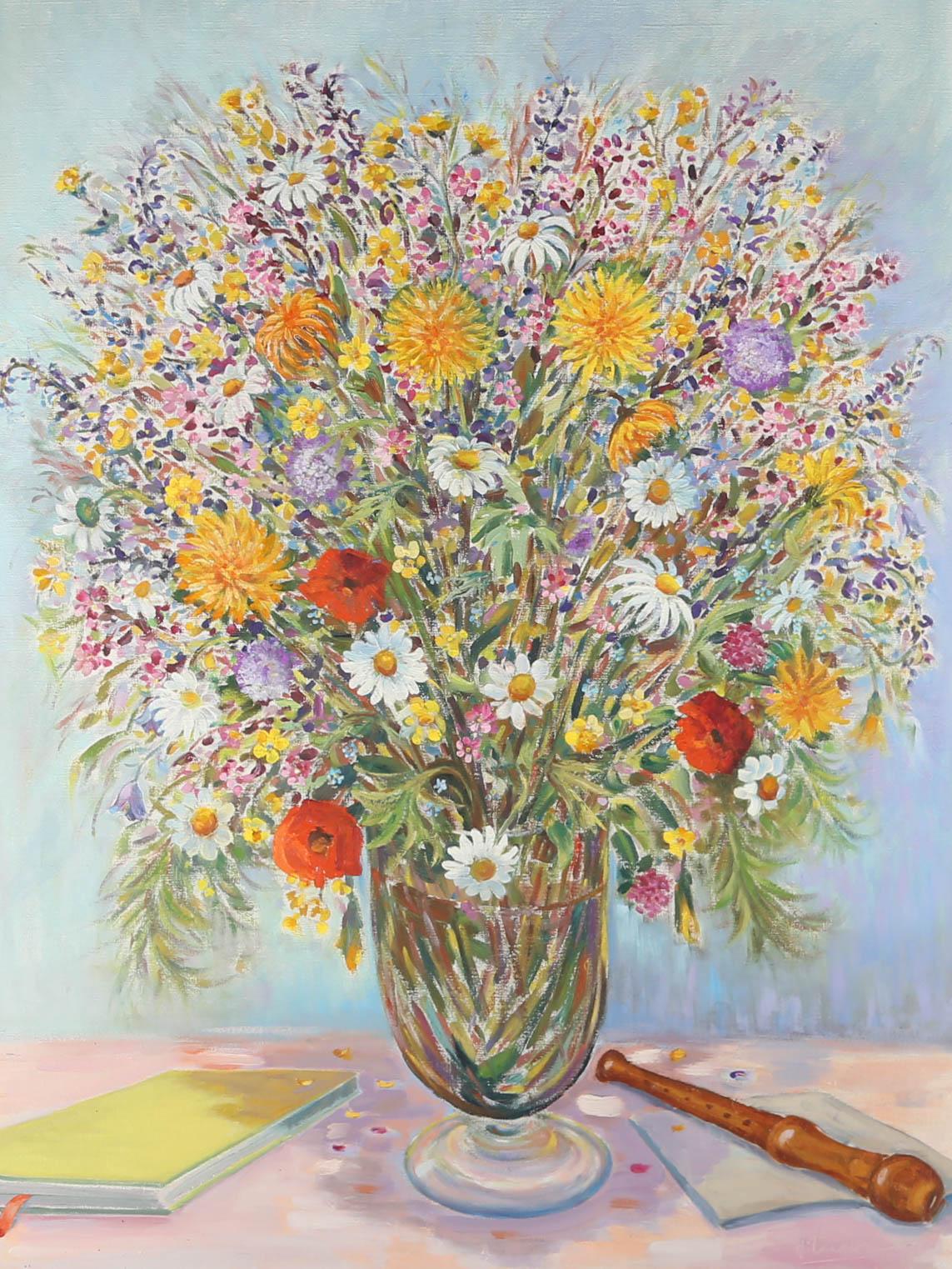 Großes Öl aus der Mitte des 20. Jahrhunderts - Sommerblumen