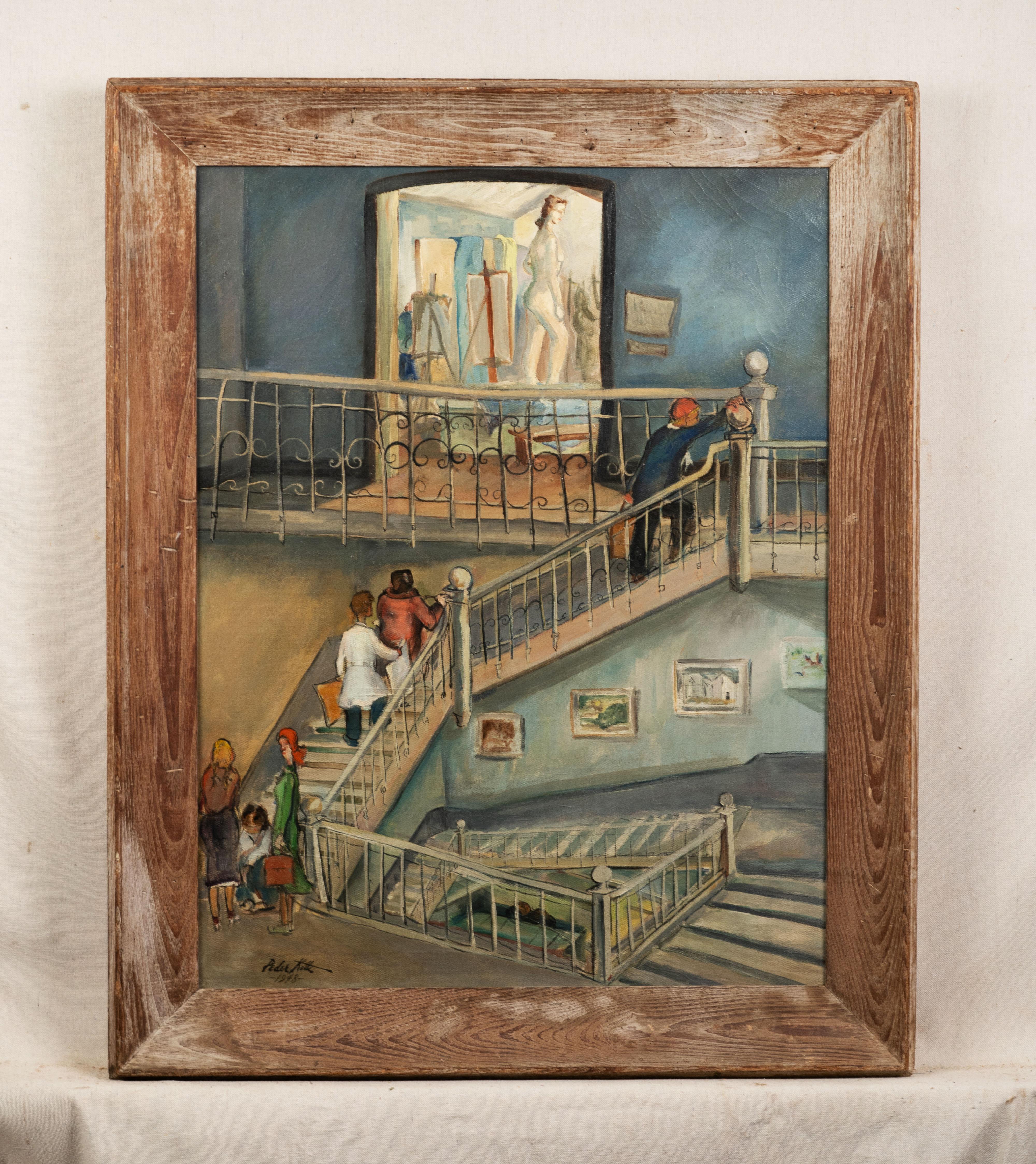 Antique American modernist interior view oil painting.  Oil on canvas.  Framed.  Signed illegibly.  