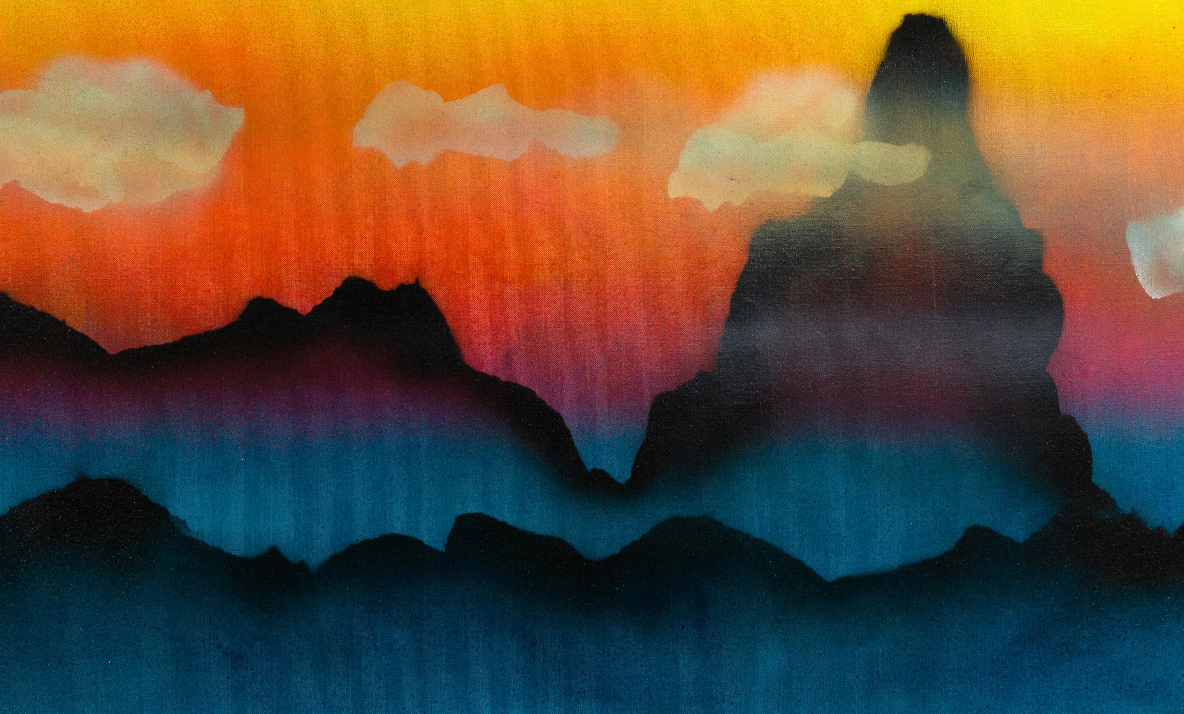 Large Mid Century California Modernist Sunset Landscape Framed Oil Painting For Sale 3