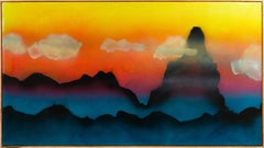 Large Mid Century California Modernist Sunset Landscape Framed Oil Painting