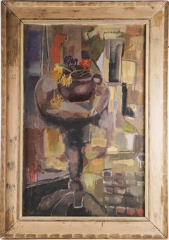Large Mid Century Modern Abstract Cubist Flower Still Life Original Oil Painting