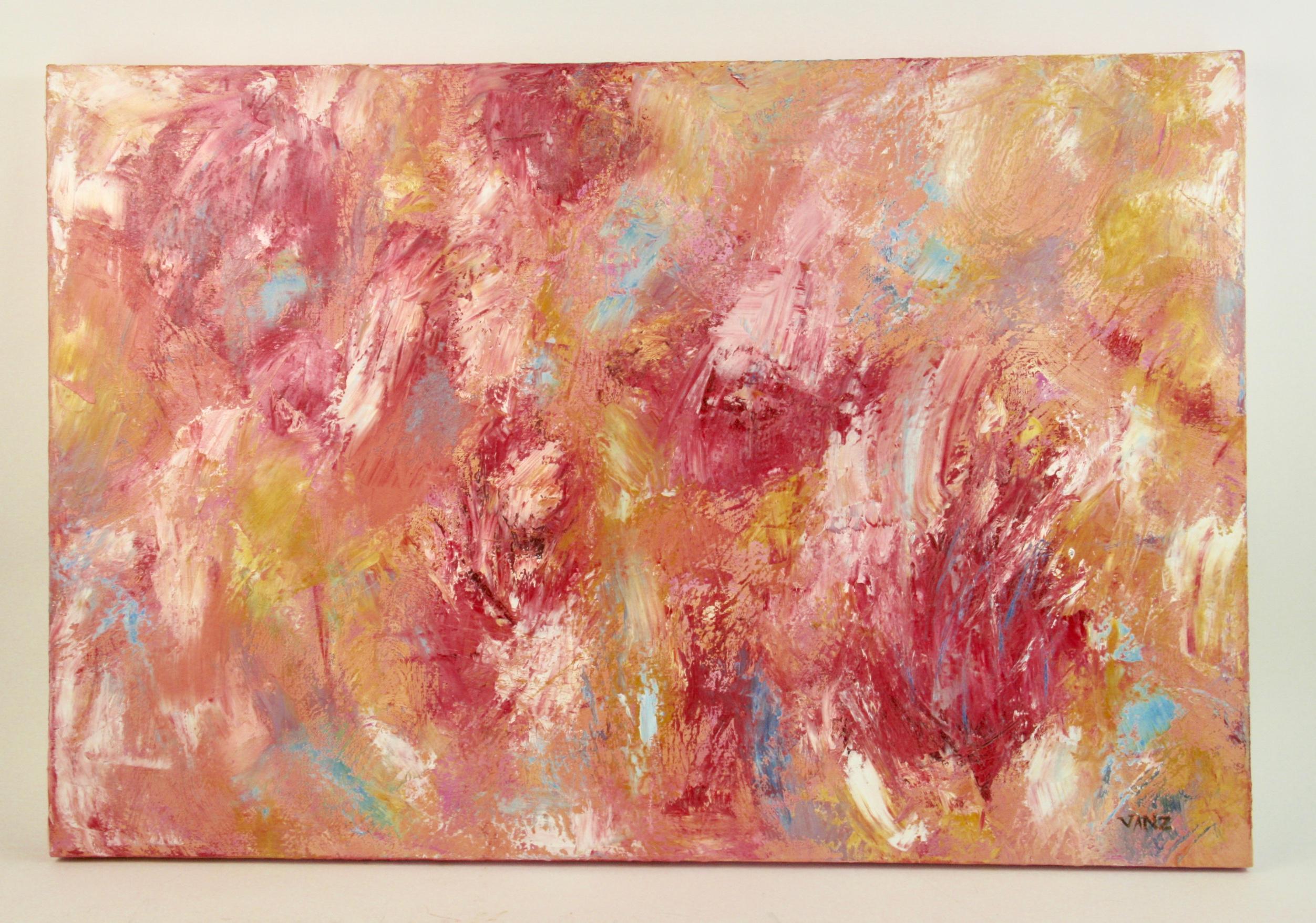 Large Mid Century Red and Pink Floral Abstract - Painting by Unknown