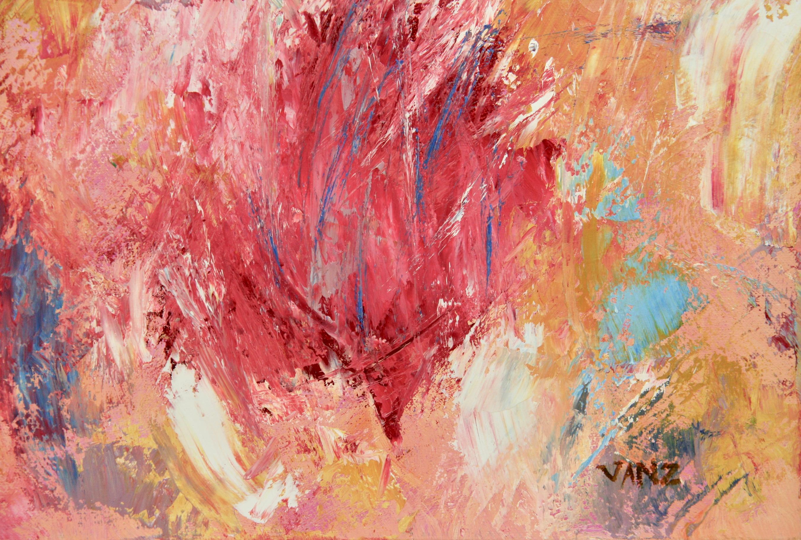 3410 Red and pink abstract, acrylic painting in on a gallery canvas, signed by Vanz .
Rapped canvas