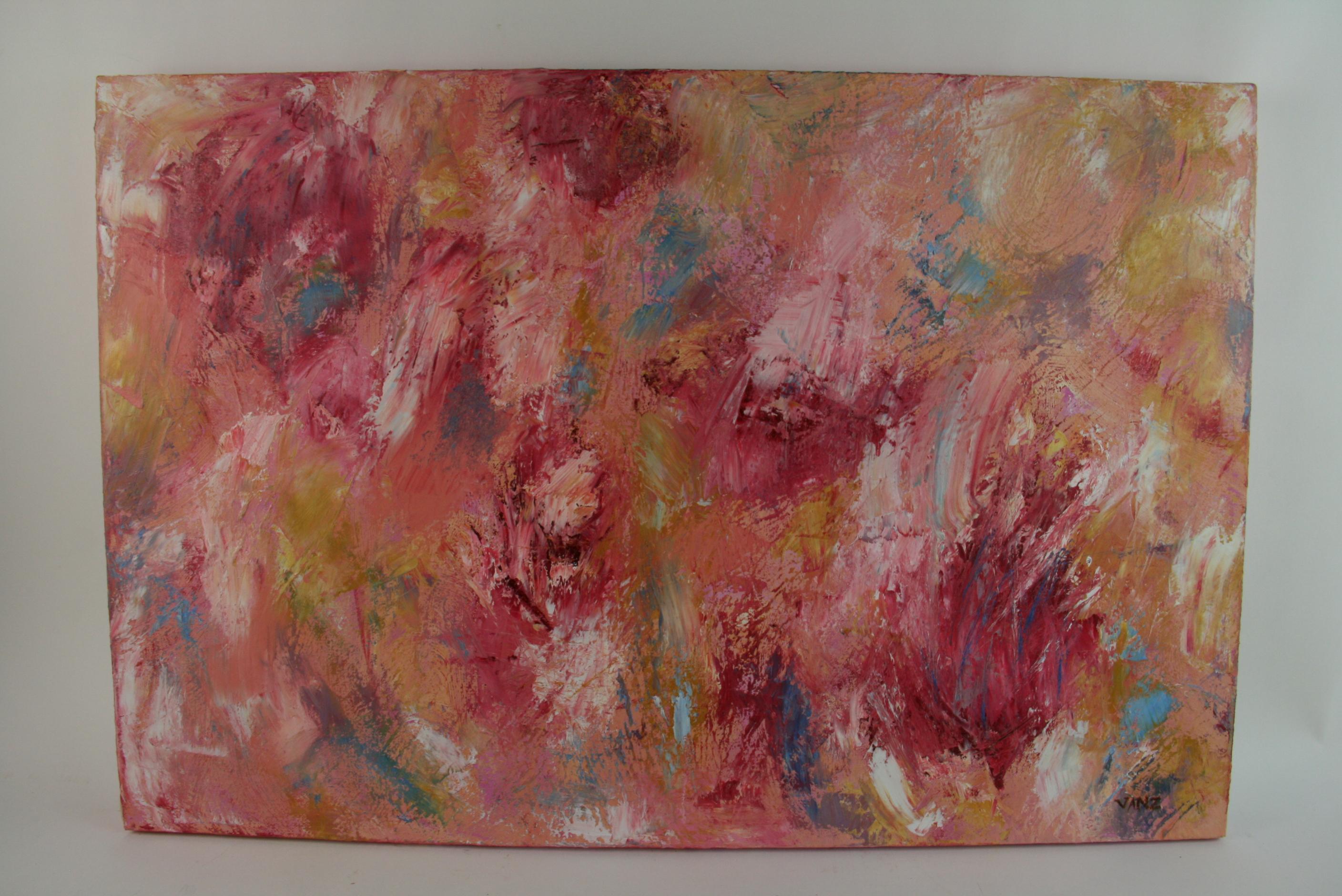 Large Mid Century Red and Pink Floral Abstract For Sale 2