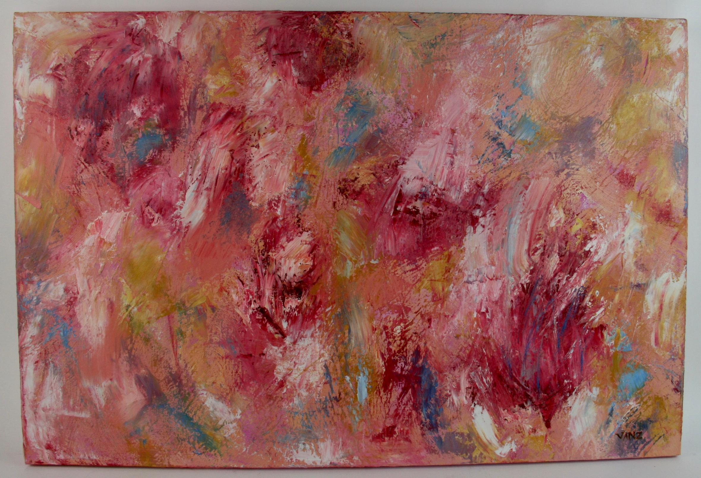 Unknown Abstract Painting - Large Mid Century Red and Pink Floral Abstract