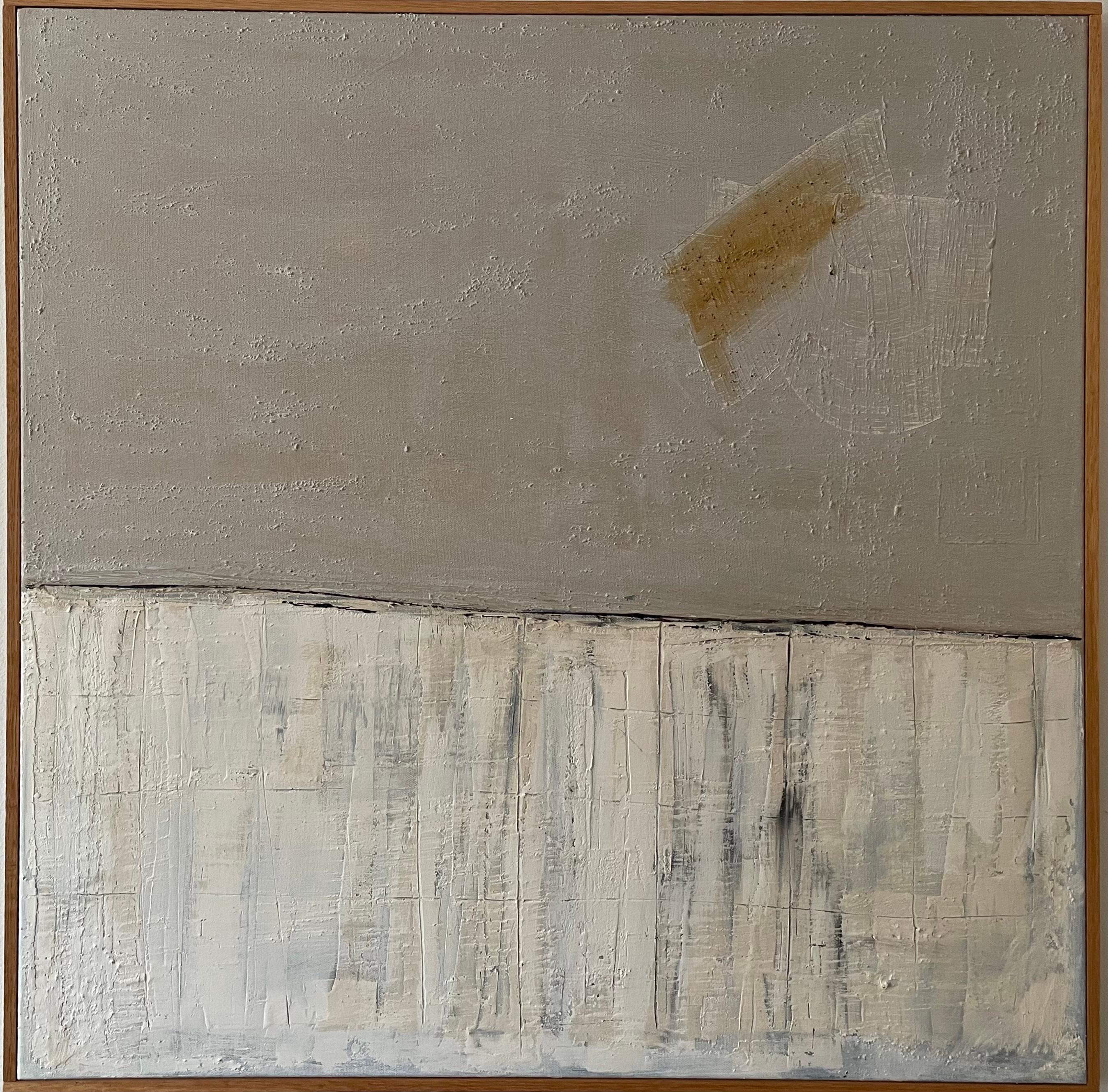 Introducing an contemporary landscape painting that encapsulates the essence of tranquility, a creation by an anonymous artist. This captivating artwork, delicately veiled in shades of white and grey with a subtle whisper of gold, is a serene and