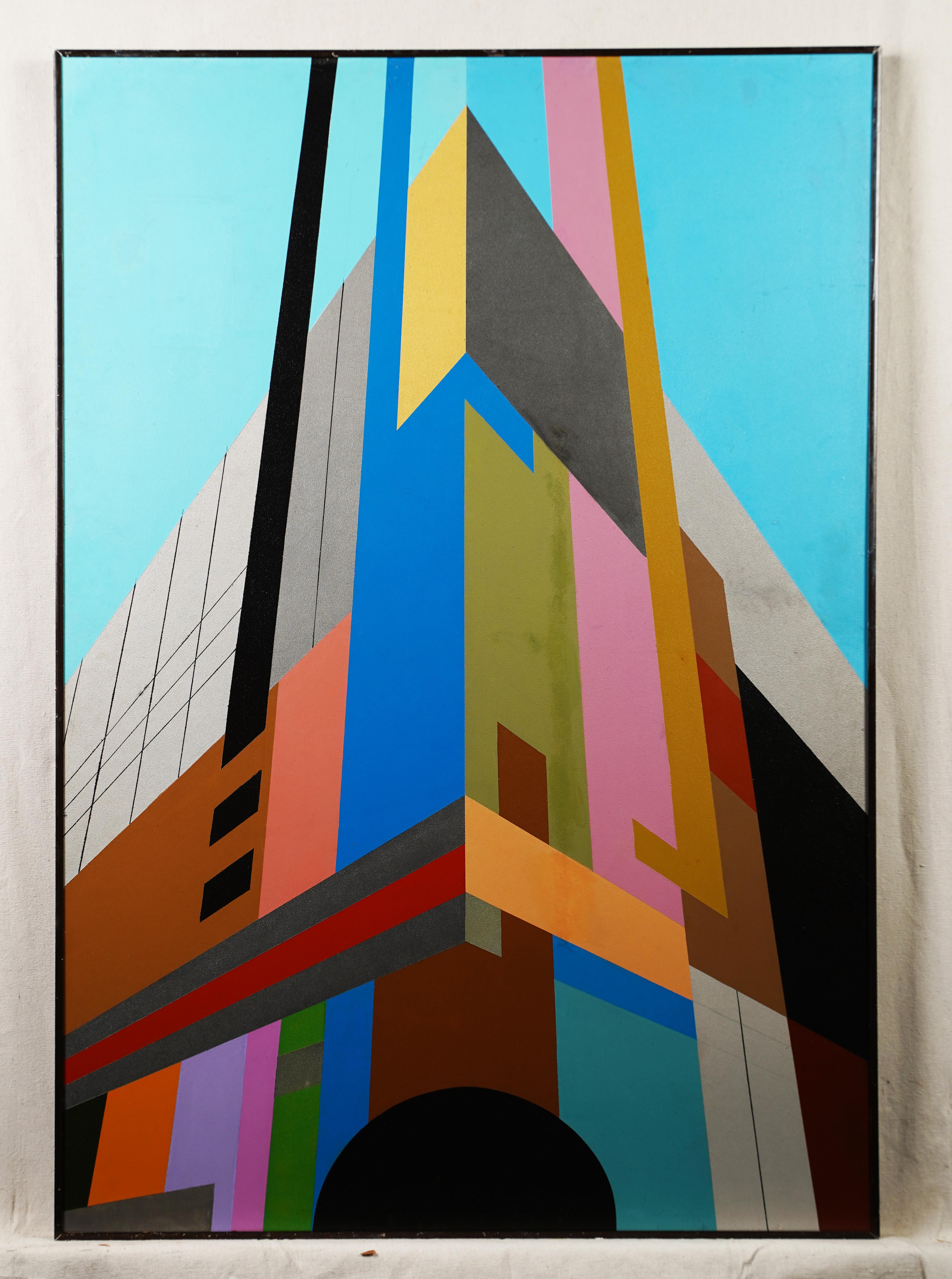 Geometrisches, abstraktes, architektonisches Ölgemälde der Moderne in New York City (Schwarz), Landscape Painting, von Unknown