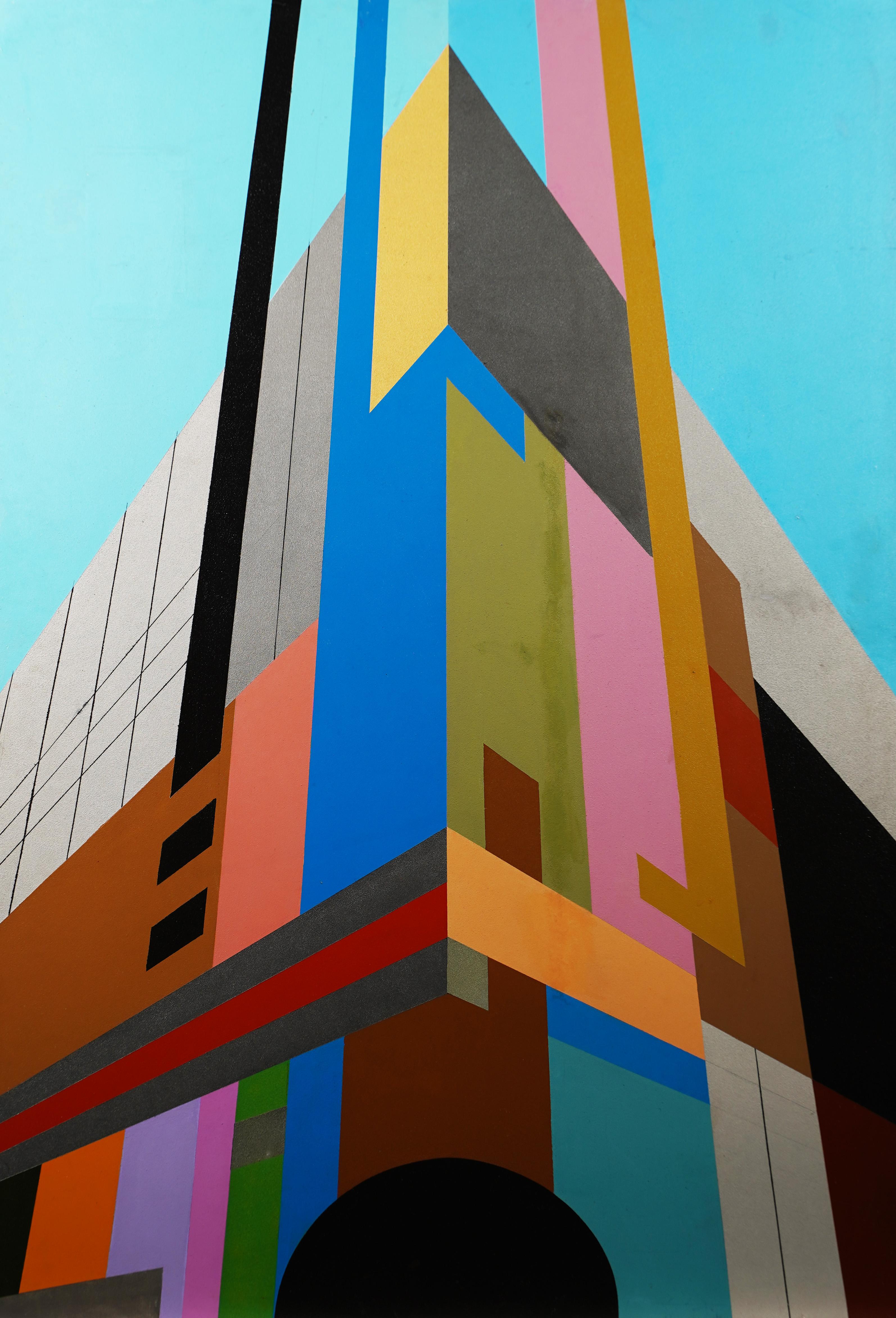 Grande peinture à l'huile abstraite architecturale géométrique de la ville de New York de style moderniste - Moderne Painting par Unknown
