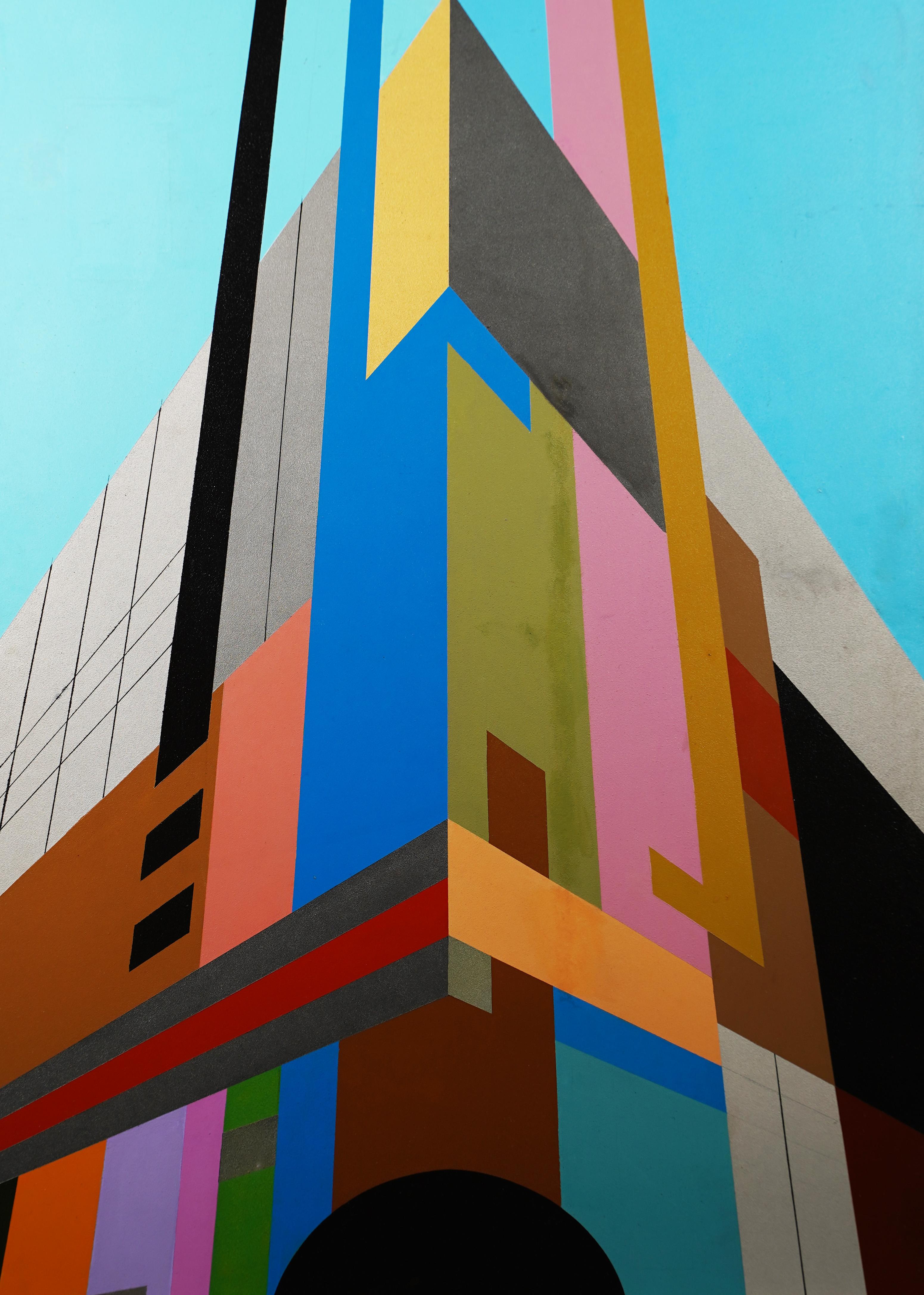 Grande peinture à l'huile abstraite architecturale géométrique de la ville de New York de style moderniste - Noir Landscape Painting par Unknown