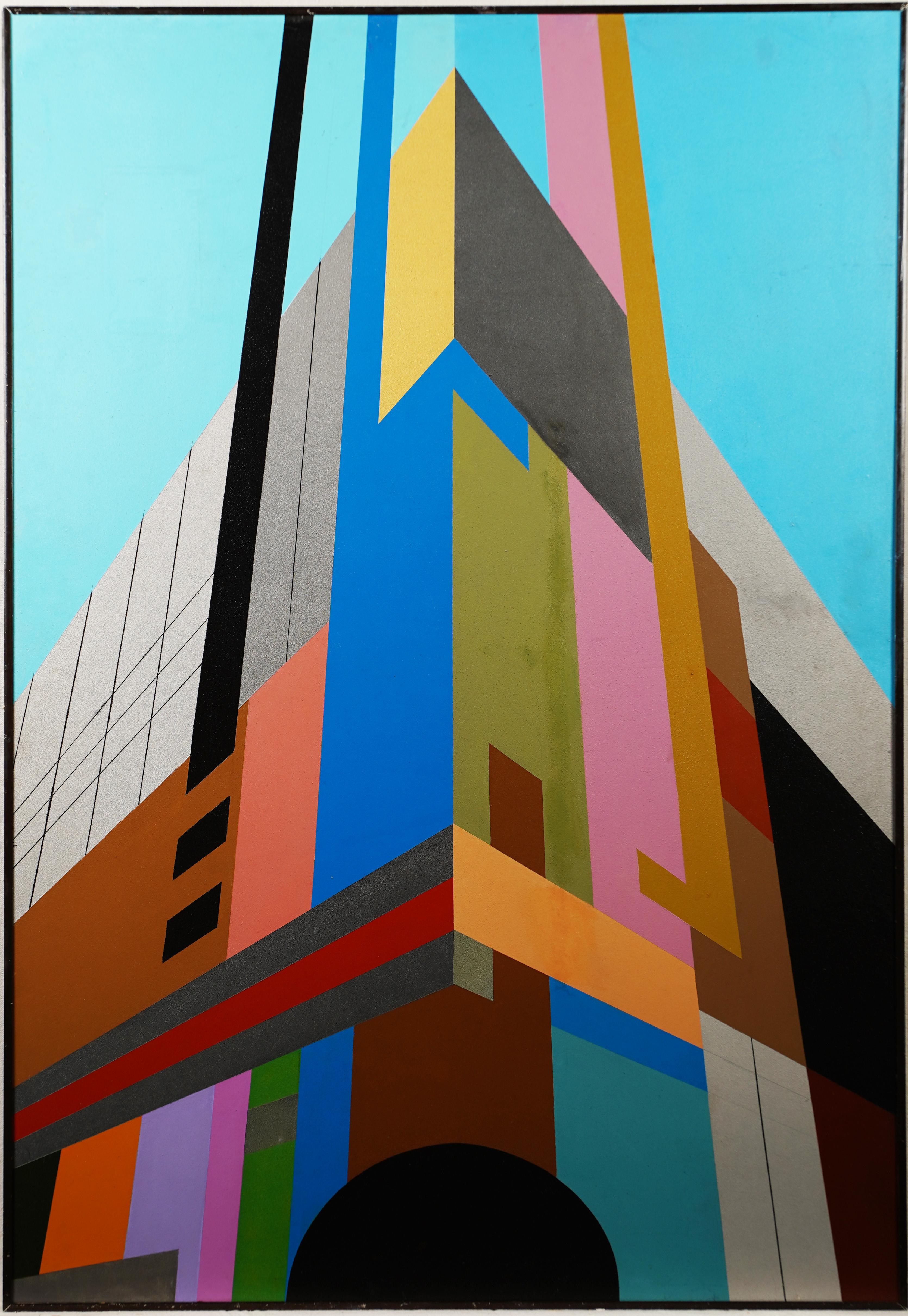 Landscape Painting Unknown - Grande peinture à l'huile abstraite architecturale géométrique de la ville de New York de style moderniste
